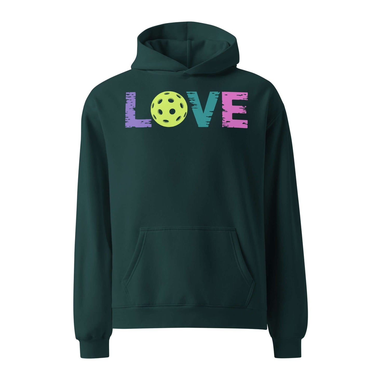 Women’s oversized hoodie featuring vibrant 'LOVE' graphic and pickleball design.