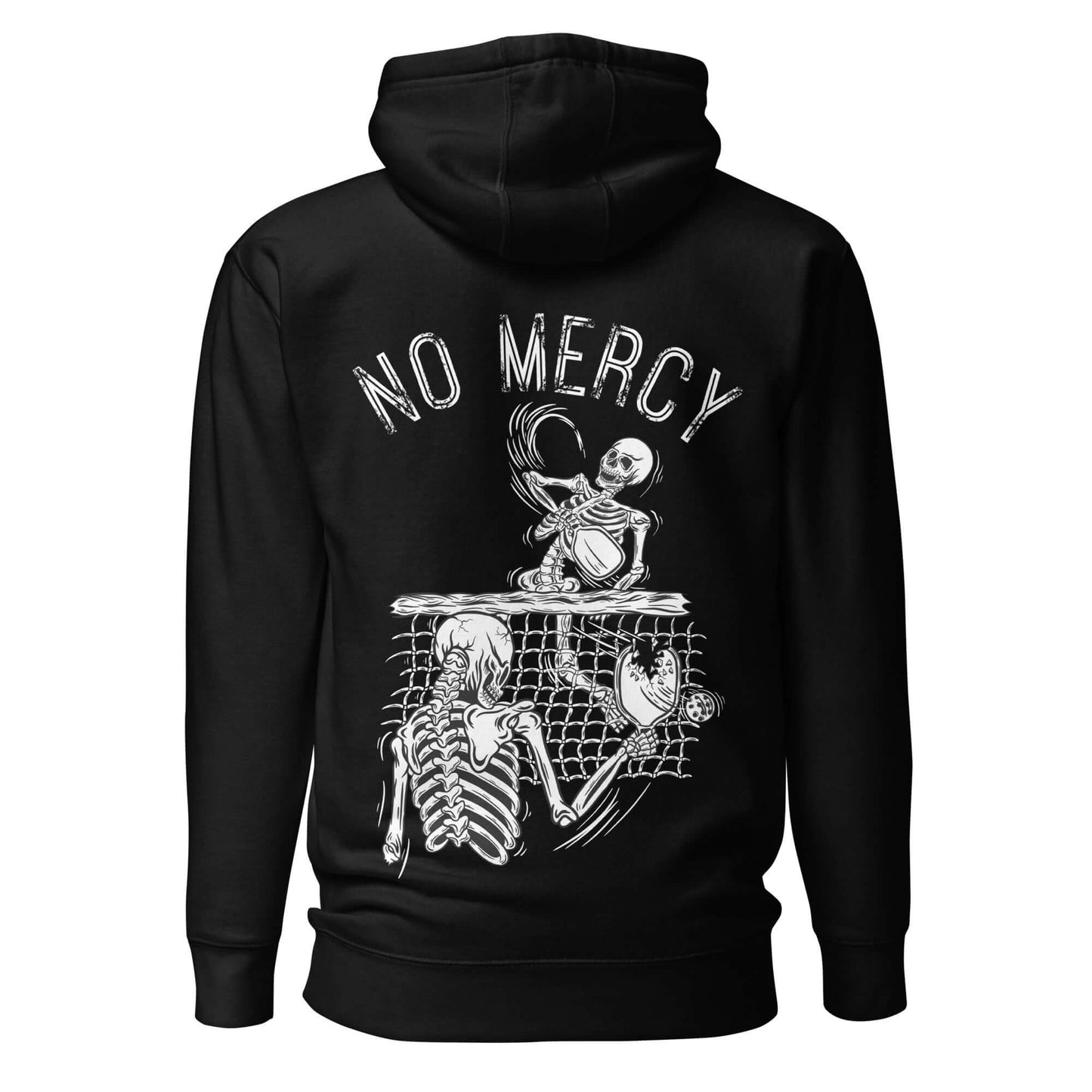 No Mercy Pickleball Series Ultimate Comfort Hoodie with skeleton design, showcasing unique style and softness, features front pouch pocket.