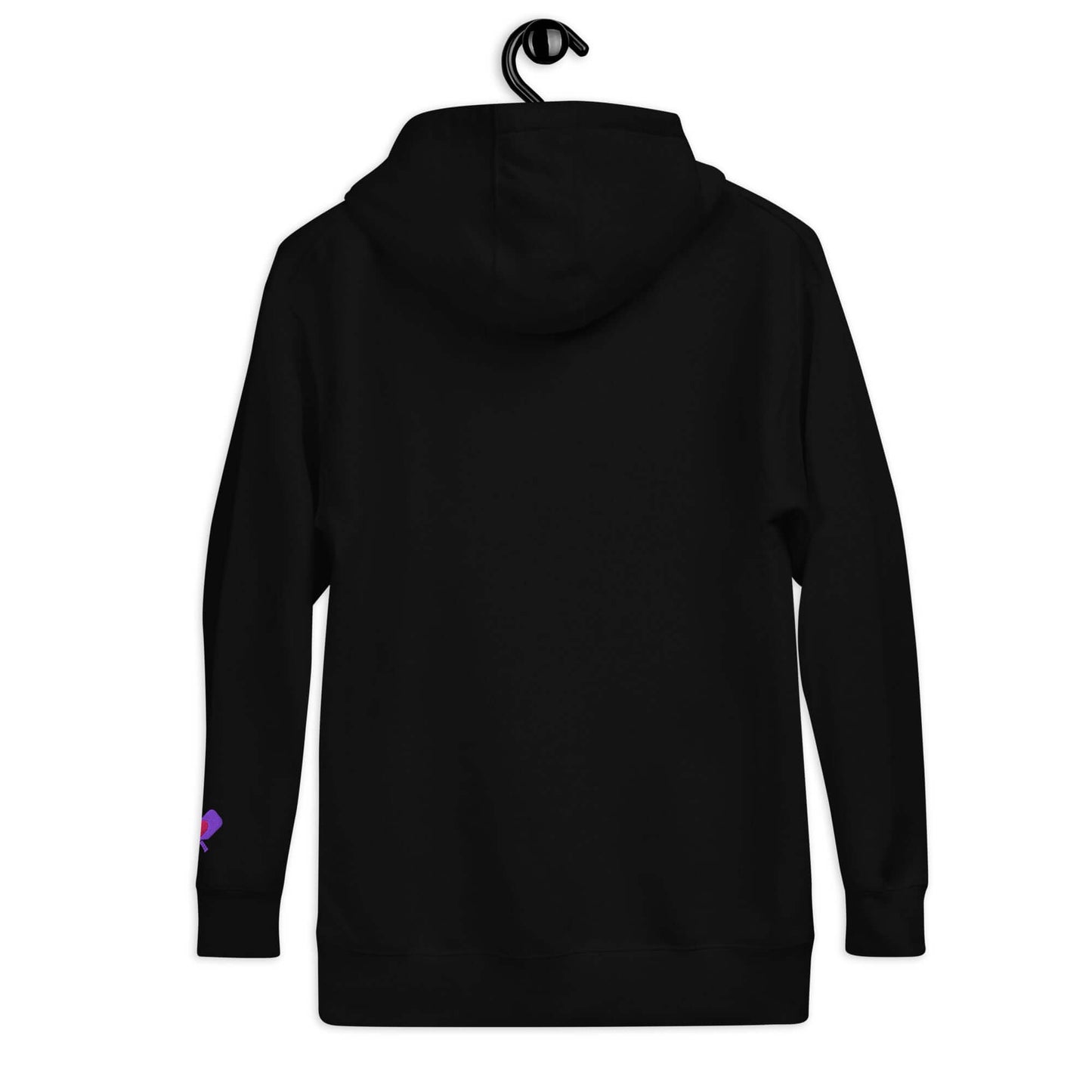 Back view of Women's LOVE Pickleball Hoodie in black, showcasing cozy design and stylish hood.