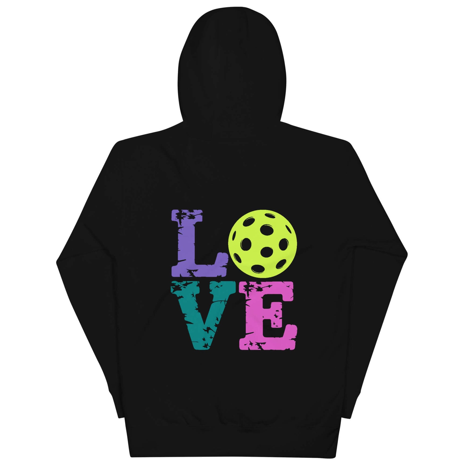 Back view of women's black hoodie featuring colorful 'LOVE' text and a pickleball design.