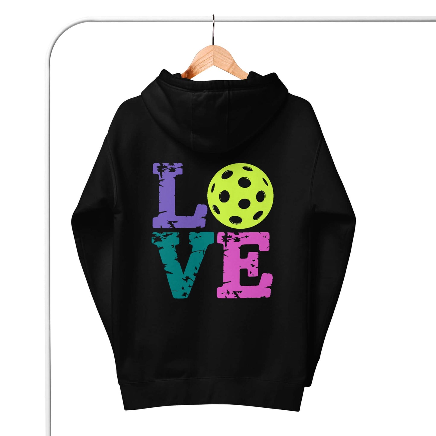 Women’s LOVE Pickleball Hoodie featuring colorful letters and a pickleball design on a black background.