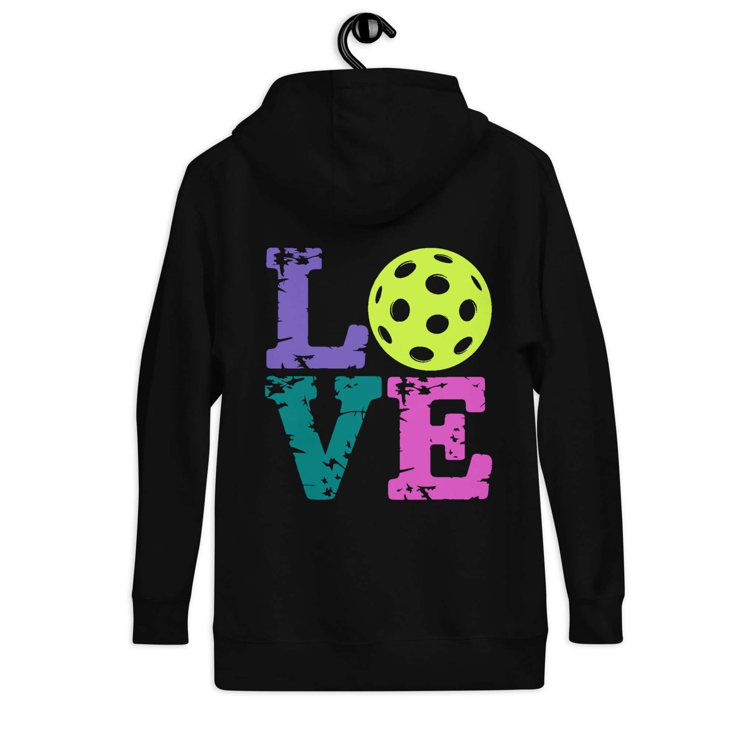 Back view of Women's LOVE Pickleball Hoodie featuring colorful letters and a pickleball graphic.