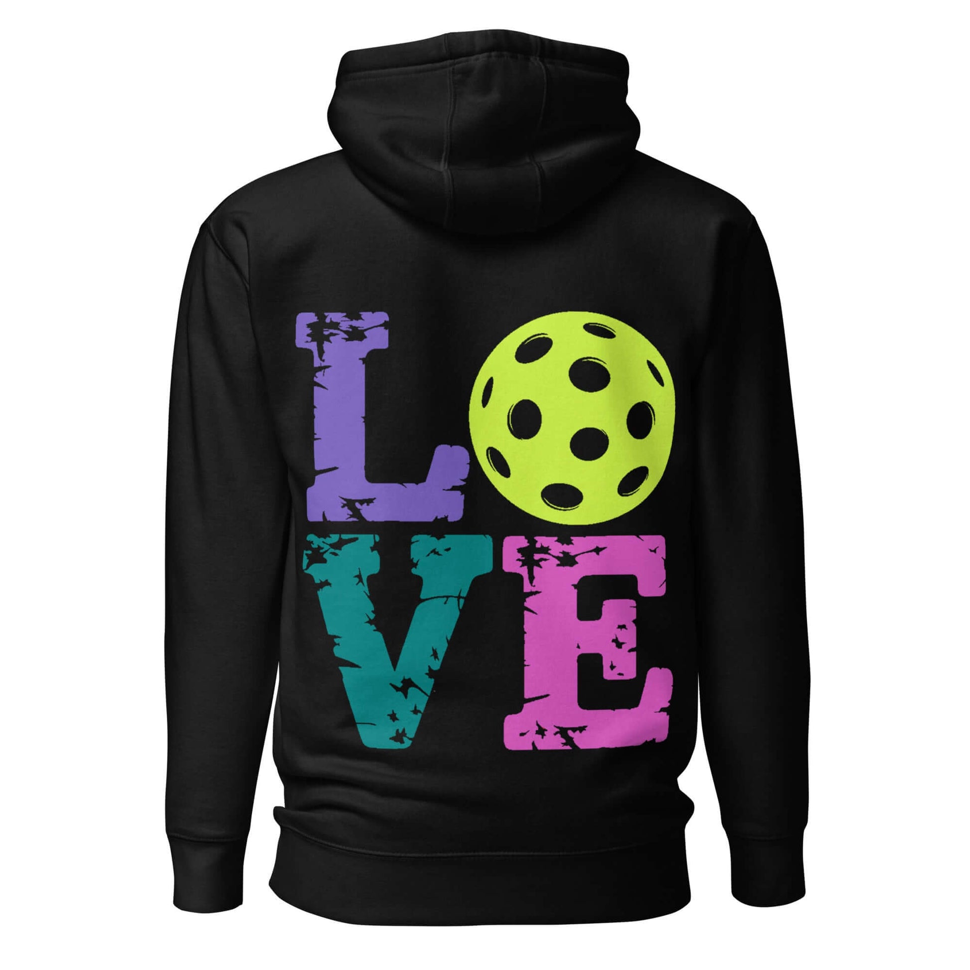 Women’s LOVE Pickleball Hoodie in black with colorful letters and a yellow pickleball design on the back.