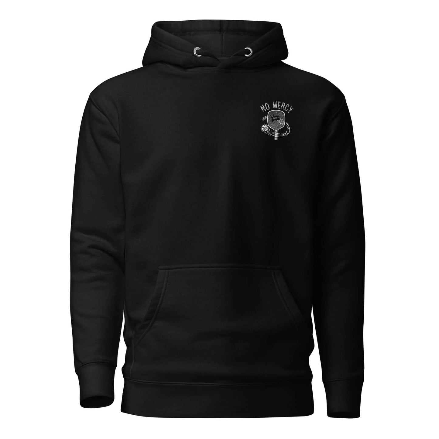 Black No Mercy Pickleball Series Ultimate Comfort Hoodie with front pouch pocket and logo design.