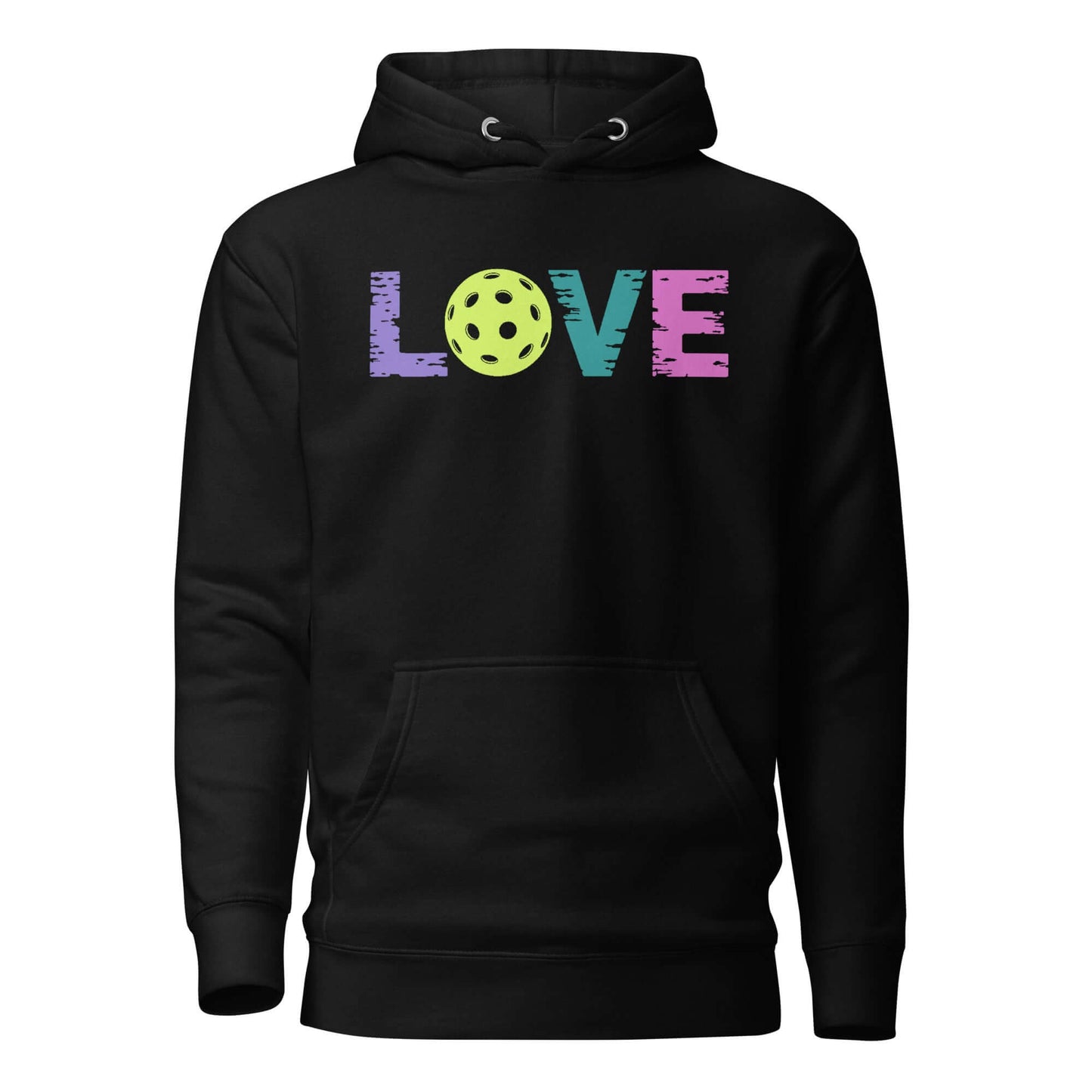 LOVE Pickleball Hoodie in black, featuring colorful text and pickleball graphic, perfect for pickleball enthusiasts.