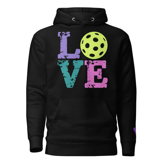 Black women's hoodie with colorful 'LOVE' text and pickleball graphic, perfect for pickleball enthusiasts.