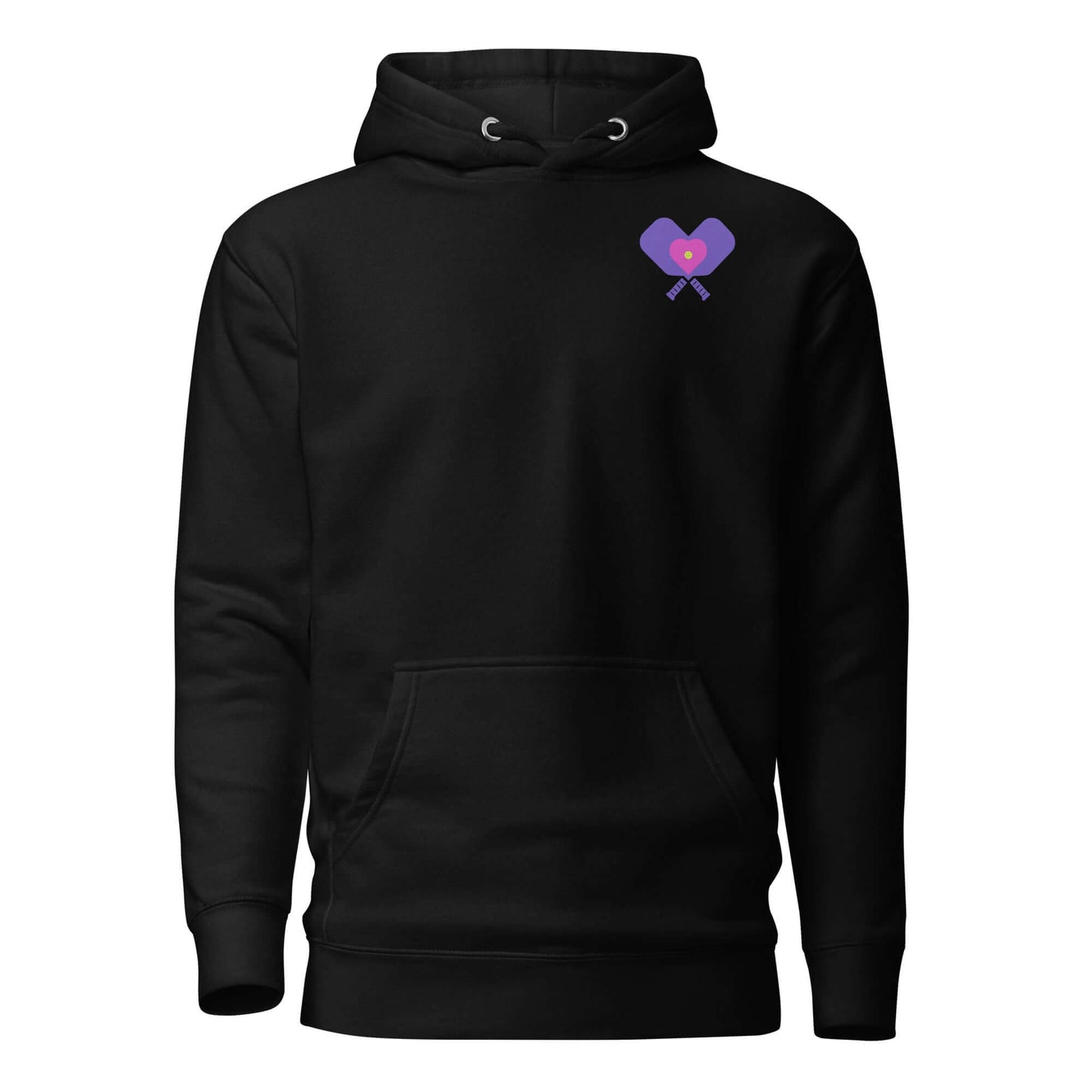 Women’s LOVE Pickleball Hoodie in black with heart and paddle graphic, perfect for players and fans.