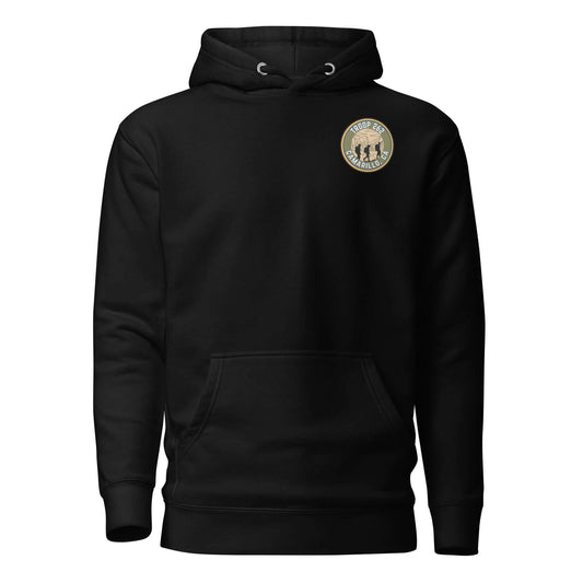 Adult Unisex Hoodie – Double Hiking Standard Edition in black with front pouch pocket and logo.