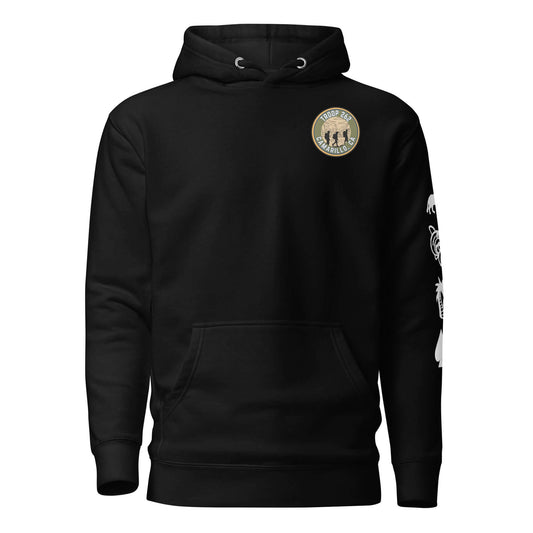 Adult Unisex Hoodie in black with logo and unique sleeve design, perfect for style and comfort during outdoor activities.