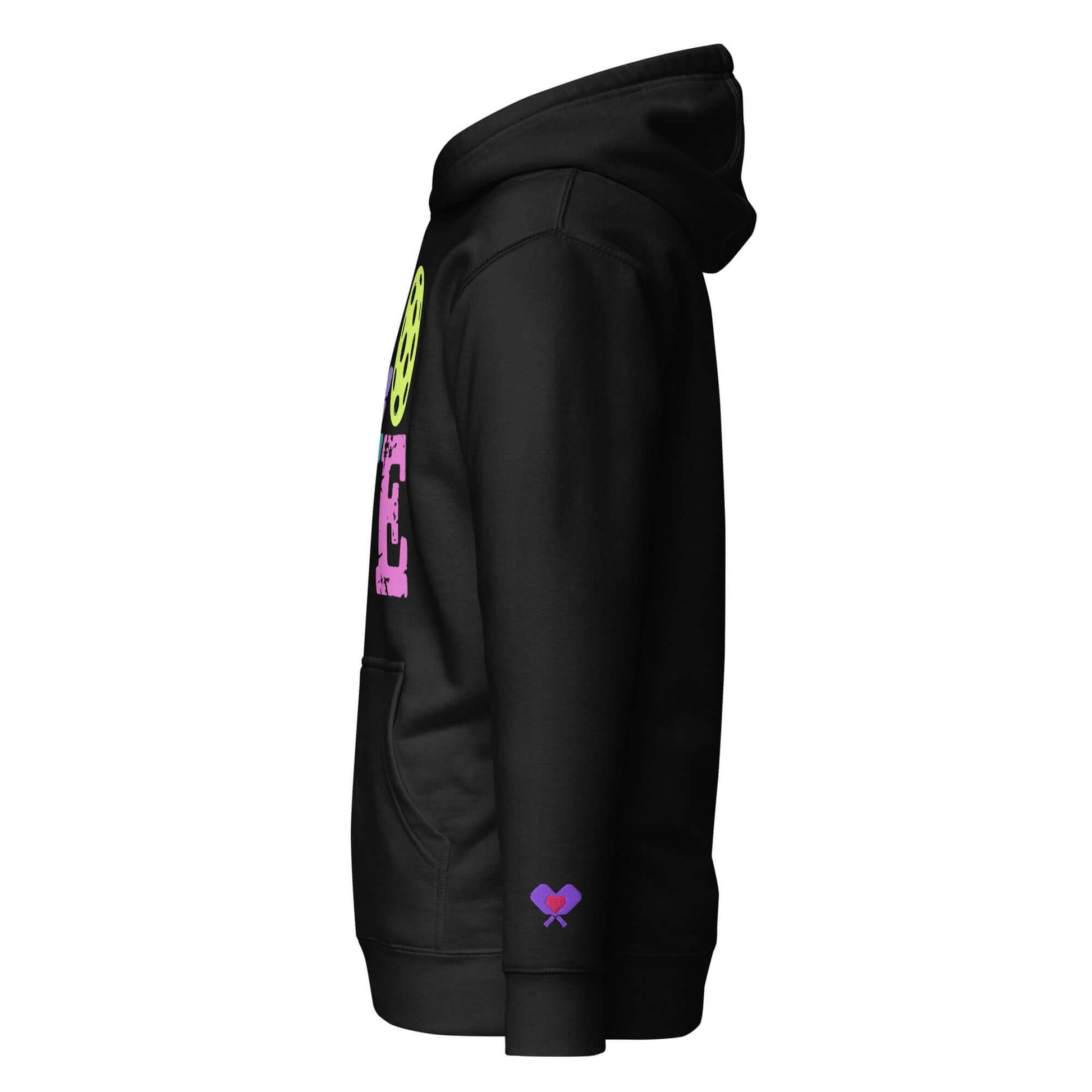 Women’s LOVE Pickleball Hoodie in black, showcasing a stylish side view with colorful pickleball graphics.