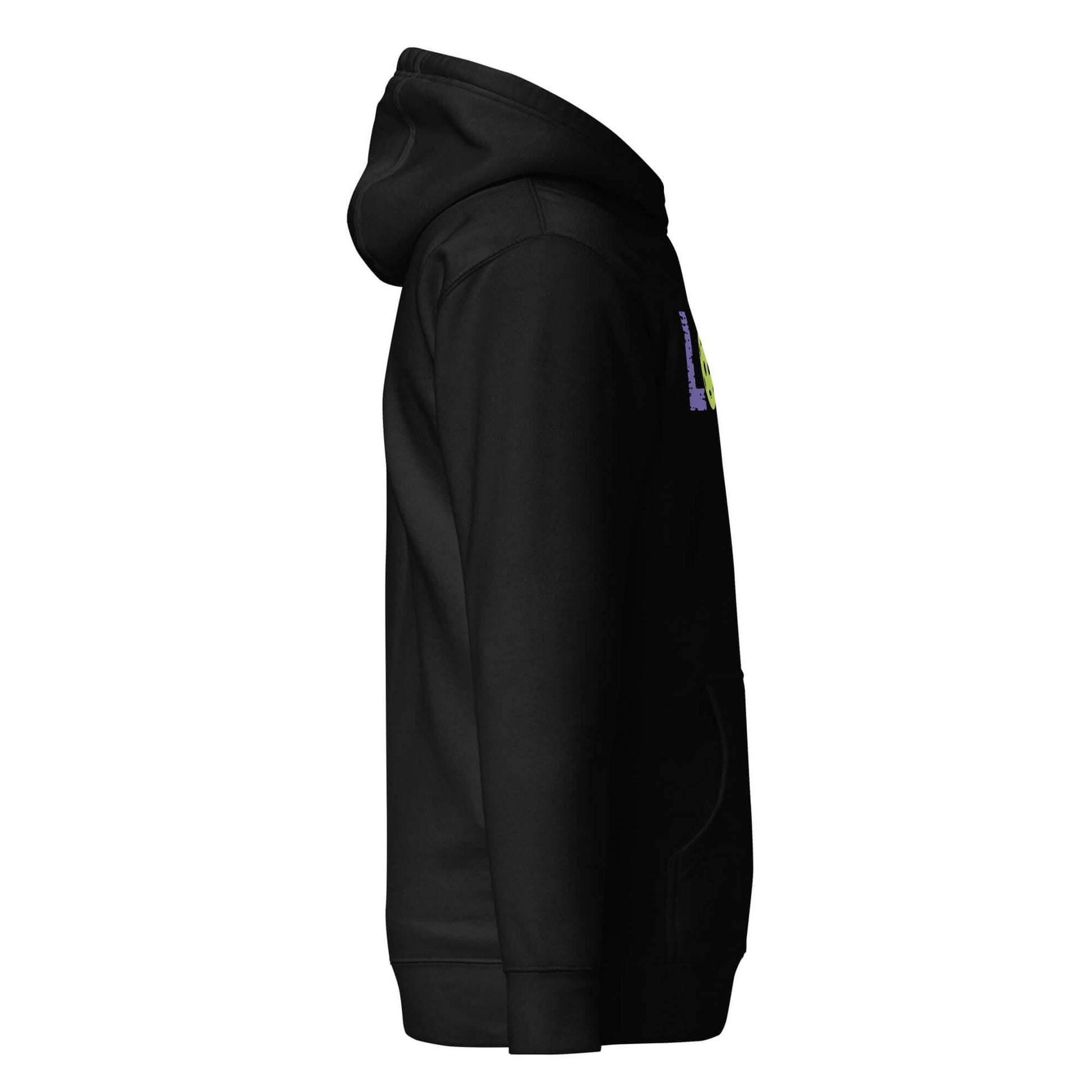 Side view of the LOVE Pickleball Hoodie in black, showcasing style and comfort for pickleball enthusiasts.