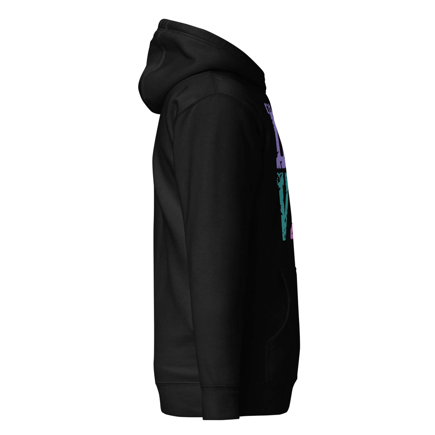 Side view of Women's LOVE Pickleball Hoodie in black, showcasing vibrant graphic design and cozy style.