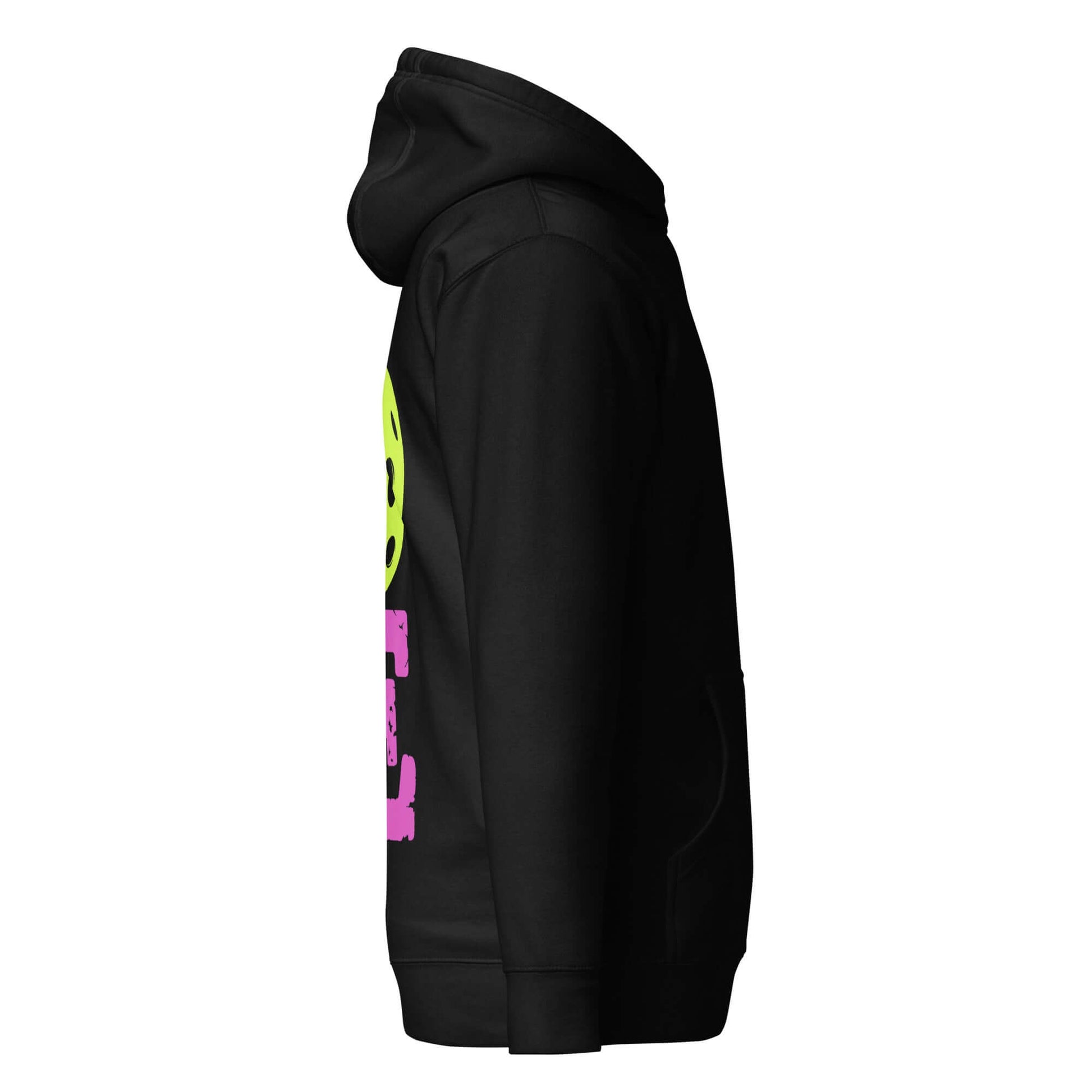 Side view of Women’s LOVE Pickleball Hoodie in black with colorful graphics, ideal for comfort on and off the court.