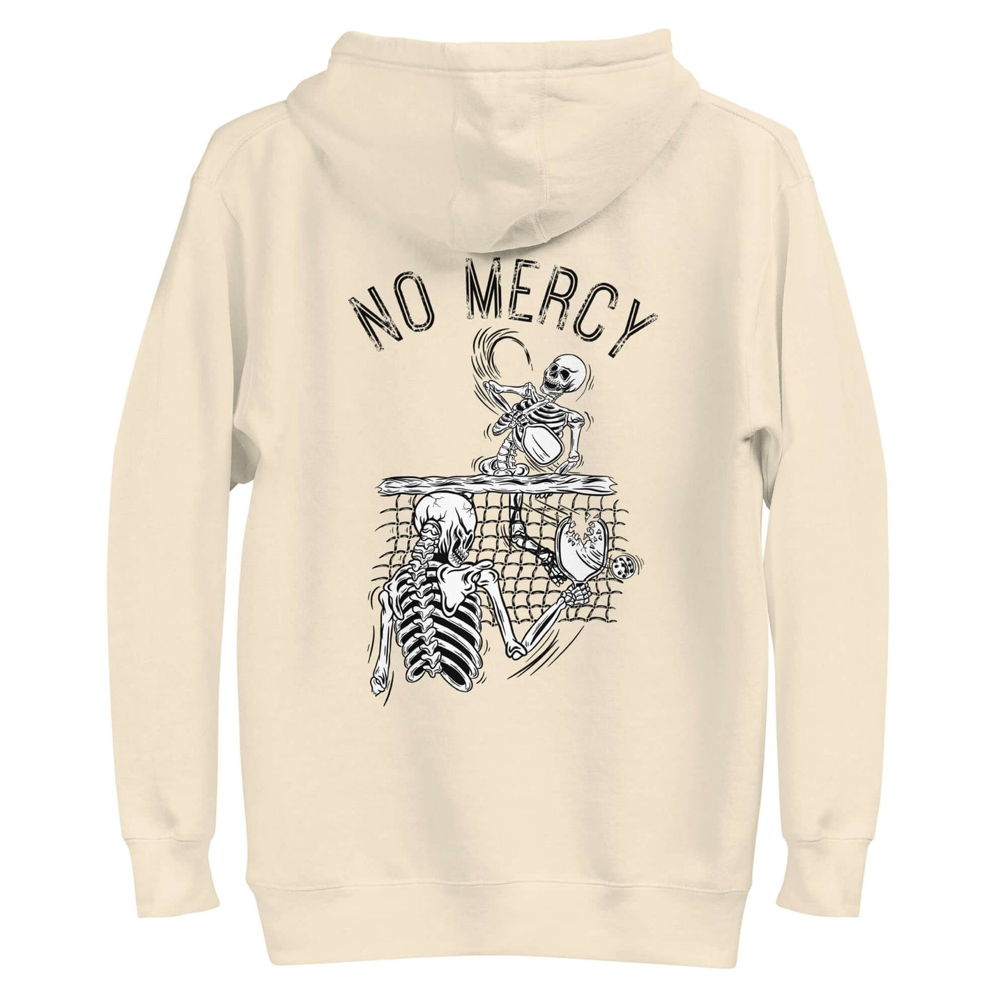 "No Mercy Pickleball Series Ultimate Comfort Hoodie featuring skeleton design on back"