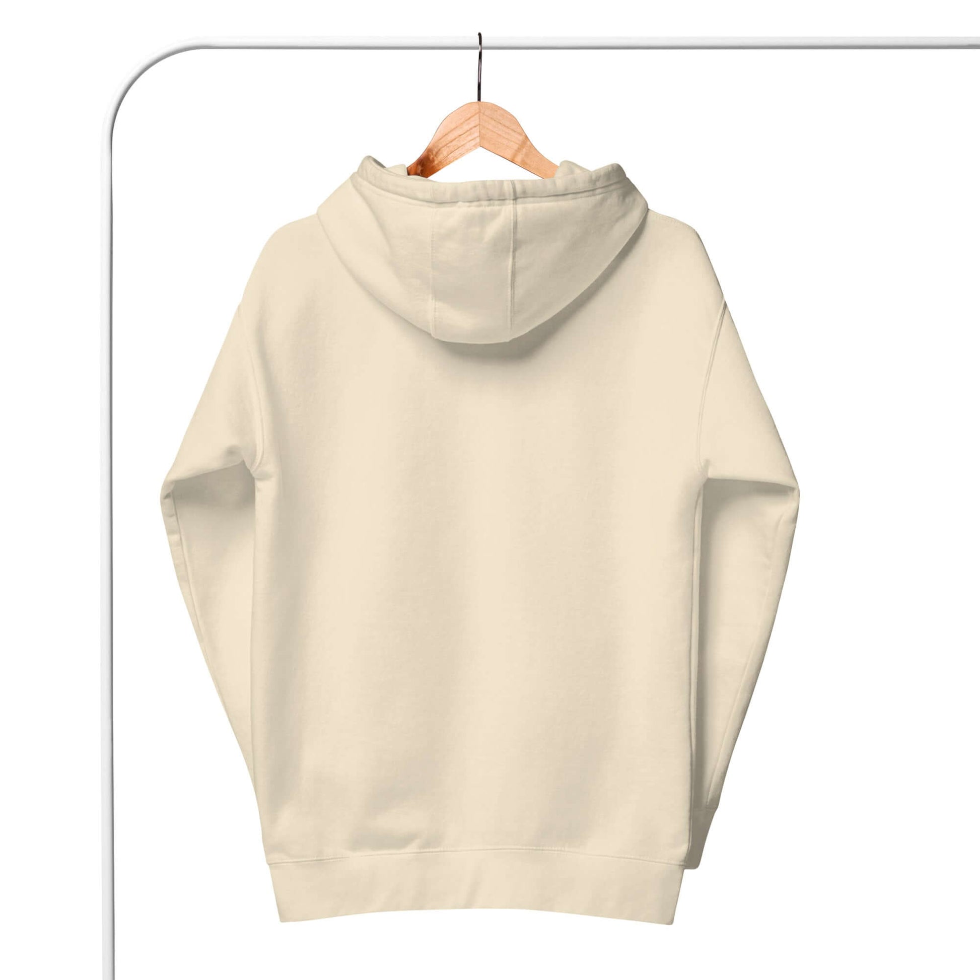 Back view of Women's LOVE Pickleball Hoodie hanging on a hanger in beige color.