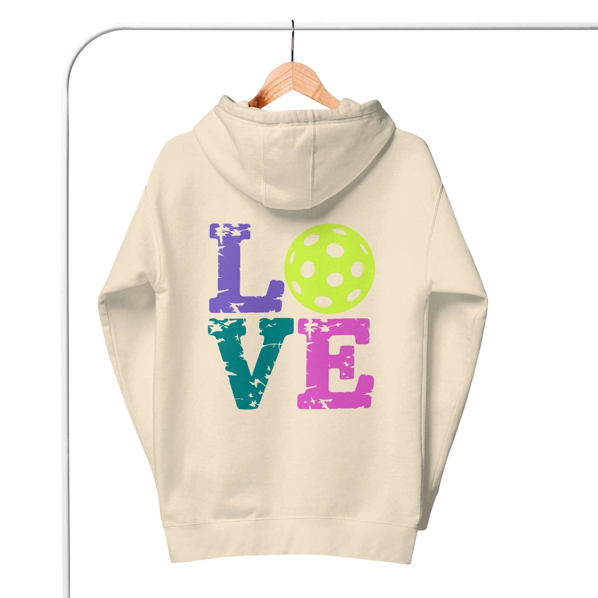 Back view of Women's LOVE Pickleball Hoodie featuring colorful text and a green pickleball graphic.