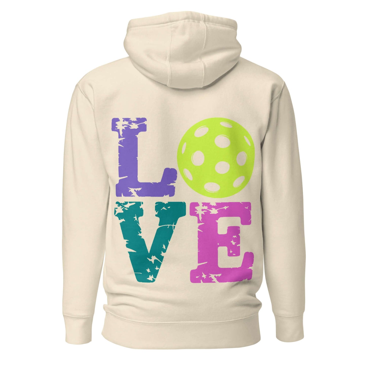 Back view of Women's LOVE Pickleball Hoodie featuring colorful LOVE letters and a green pickleball graphic.