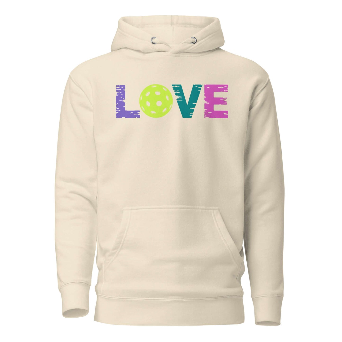 LOVE Pickleball Hoodie featuring colorful text and a pickleball graphic on a cream background.