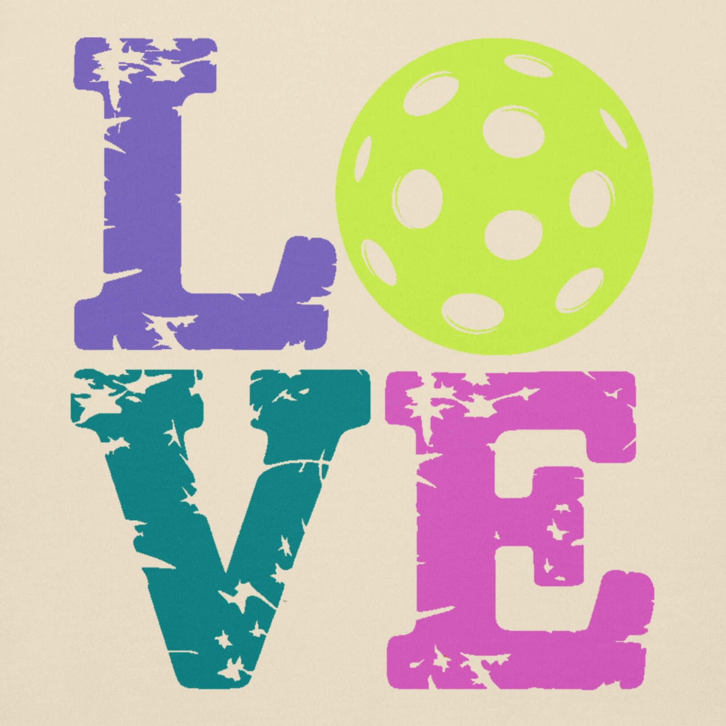 Colorful graphic design featuring the word LOVE with a green pickleball for pickleball enthusiasts.