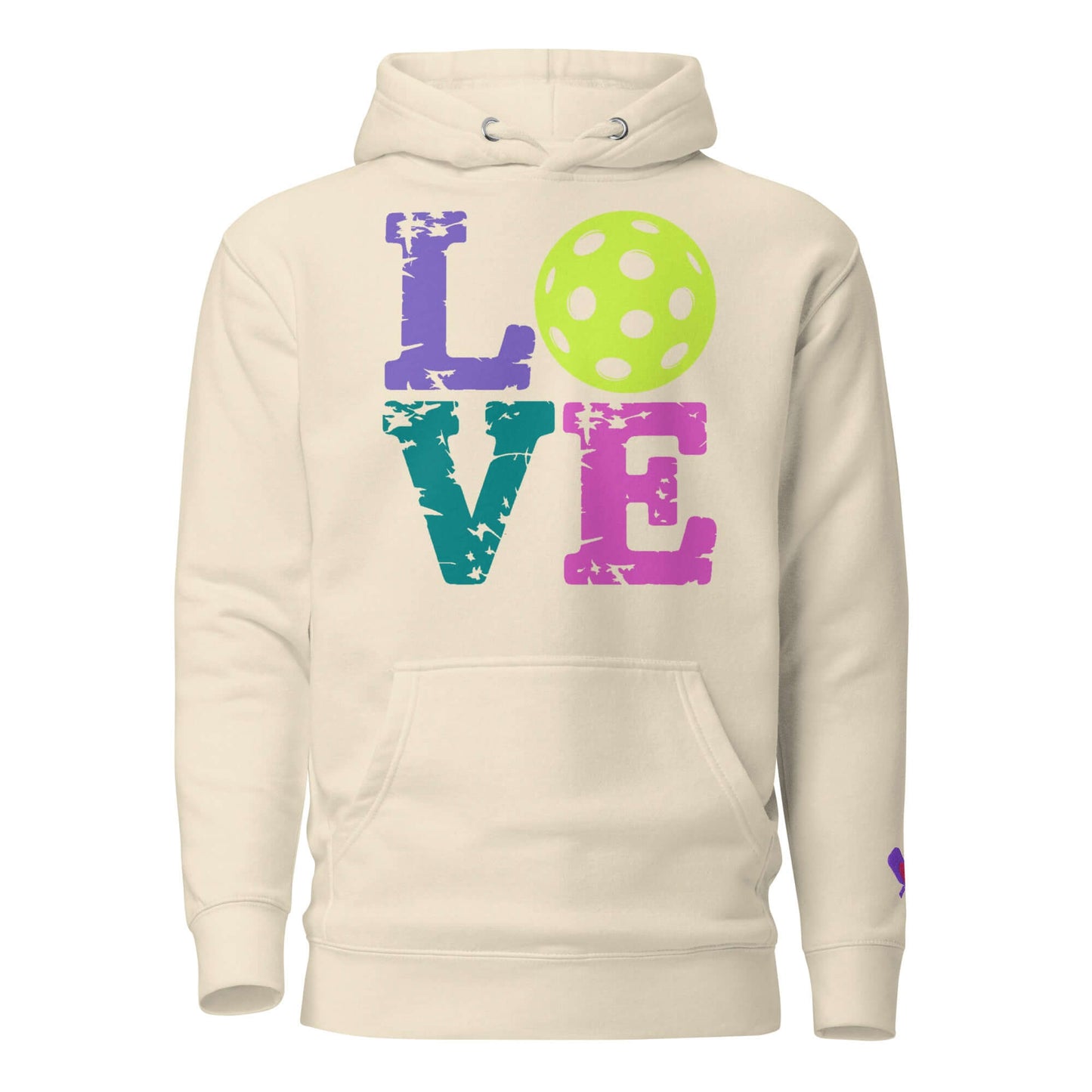 Women’s LOVE Pickleball Hoodie featuring colorful letters and a pickleball graphic, perfect for enthusiasts.