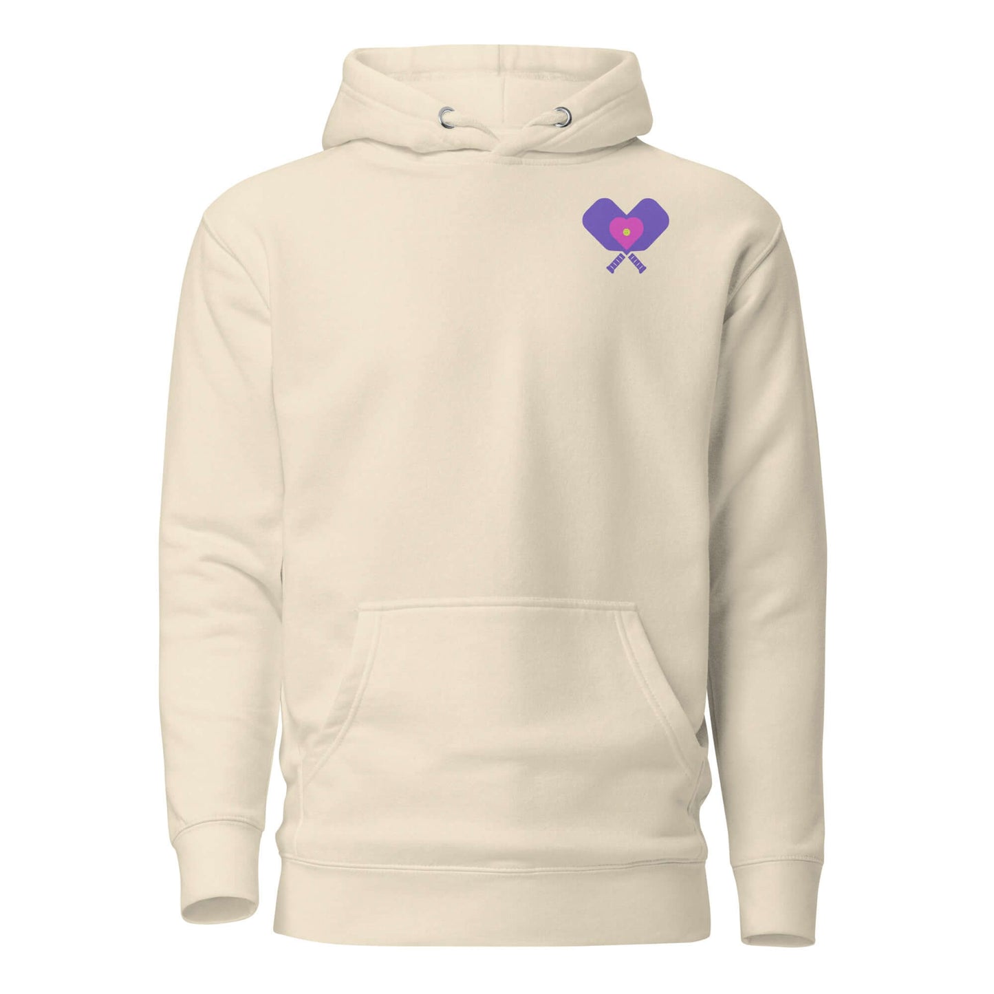 Women's LOVE Pickleball Hoodie in cream with heart and paddle design, perfect for comfort and style on and off the court.