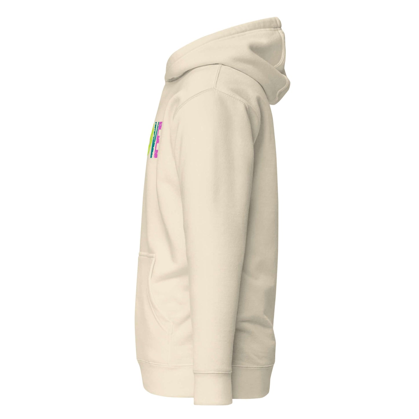 Side view of the LOVE Pickleball Hoodie in cream color, featuring vibrant graphic design, suitable for chilly evenings.