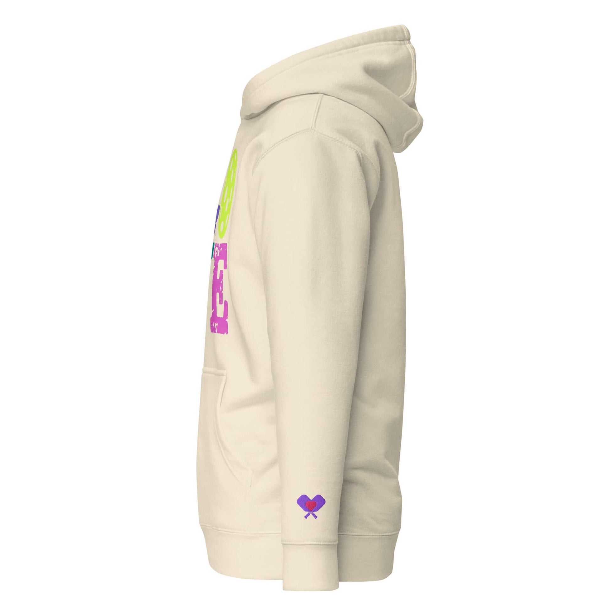 Side view of Women's LOVE Pickleball Hoodie in cream with colorful graphic print, perfect for pickleball fans.