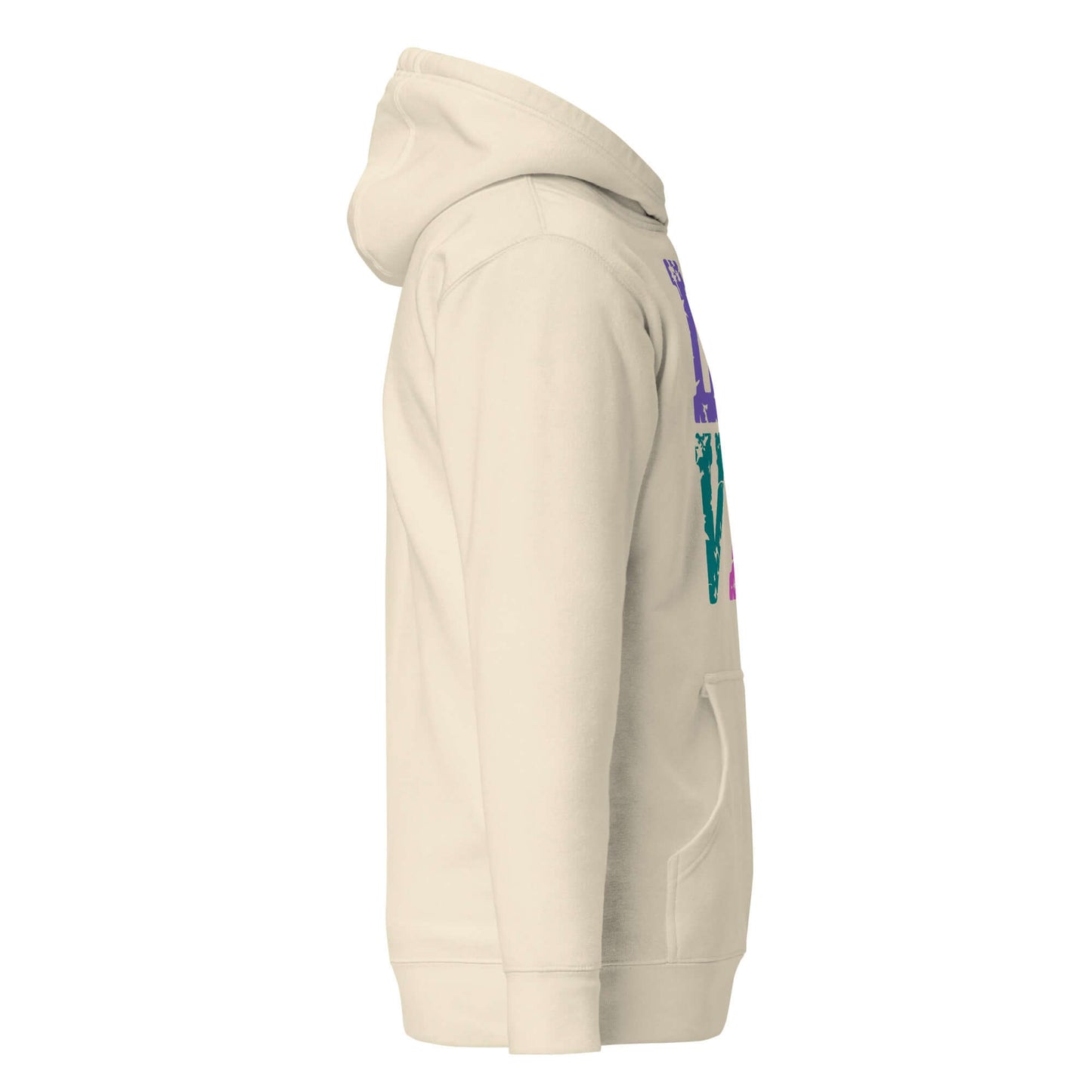 Side view of Women’s LOVE Pickleball Hoodie in beige, showcasing its cozy design and vibrant color graphics.