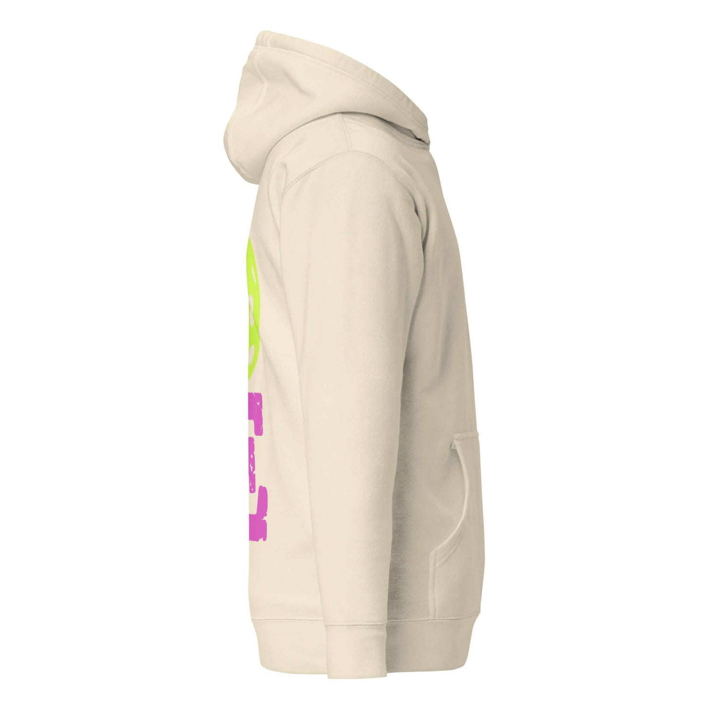 Side view of Women's LOVE Pickleball Hoodie in beige with colorful design, perfect for pickleball fans and players.