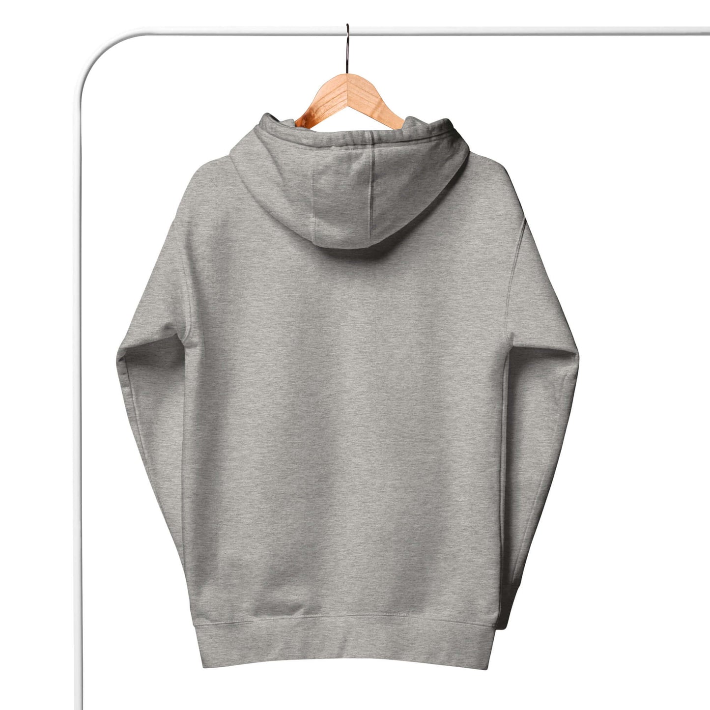 Back view of a women's grey LOVE pickleball hoodie hanging on a wooden hanger.