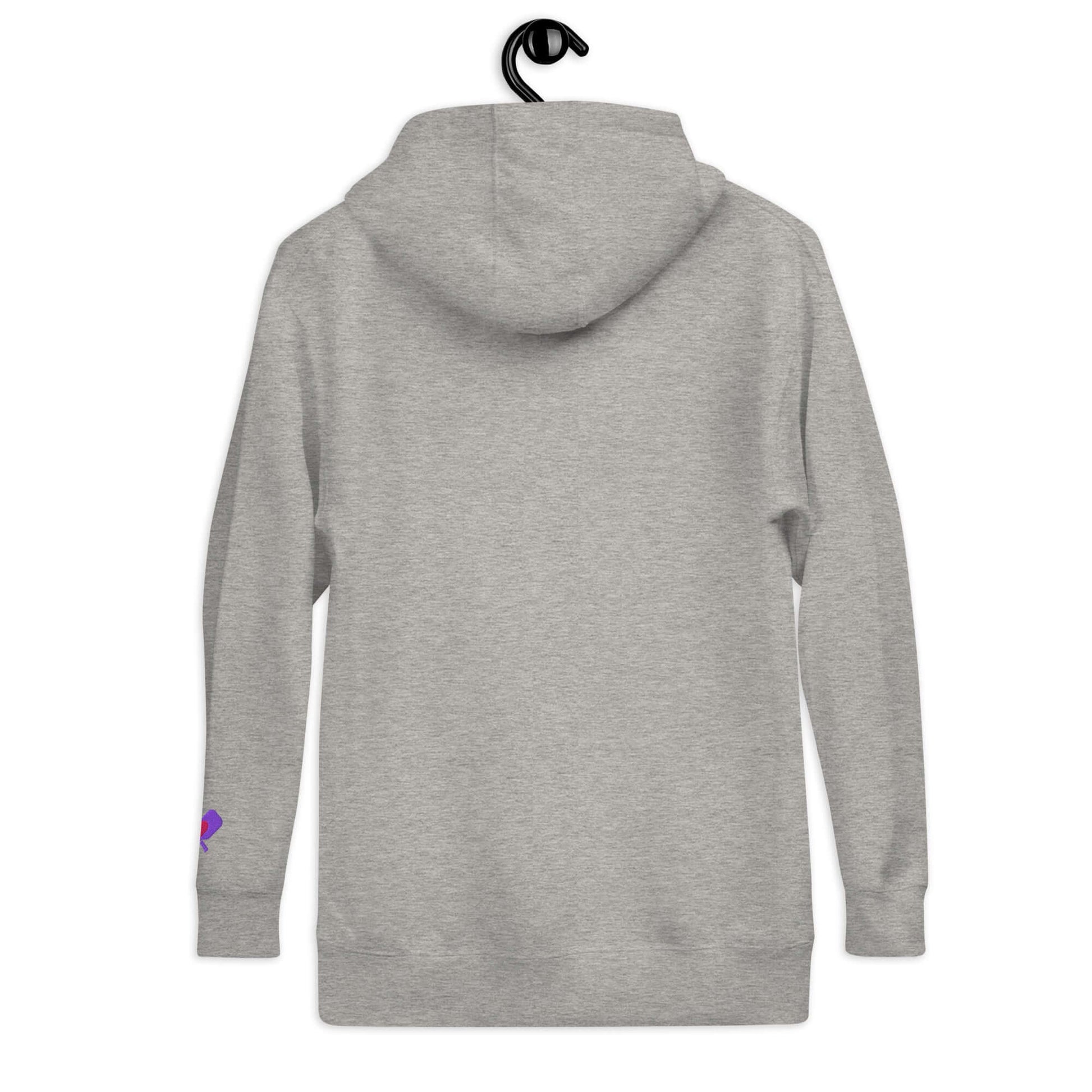 Back view of the Women’s LOVE Pickleball Hoodie in gray, perfect for pickleball enthusiasts.