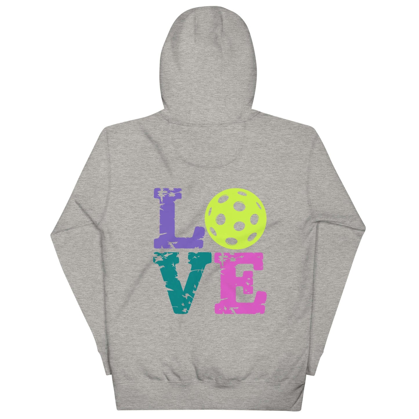 Back view of a gray Women’s LOVE Pickleball Hoodie featuring colorful letters and a pickleball graphic.