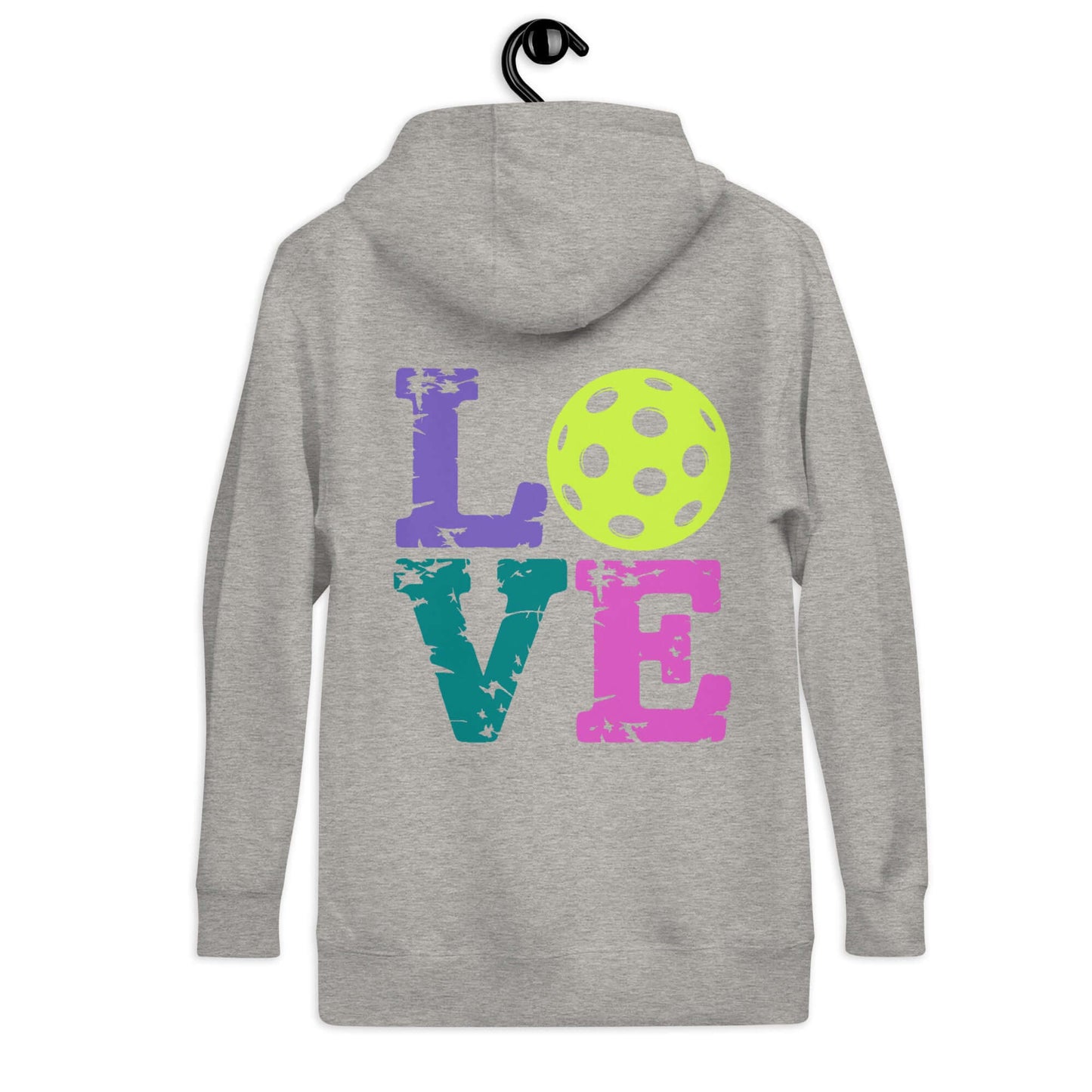 Back view of Women's LOVE Pickleball Hoodie featuring colorful letters and a pickleball design on a gray background.