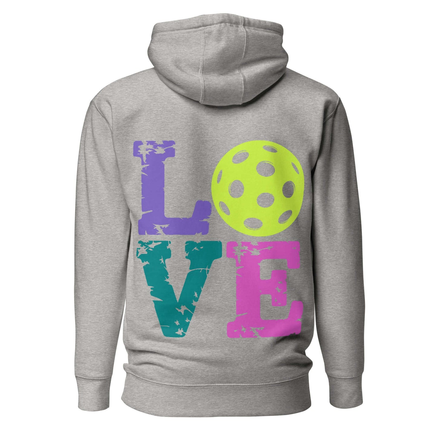 Back view of Women’s LOVE Pickleball Hoodie featuring bright colors and a pickleball graphic.