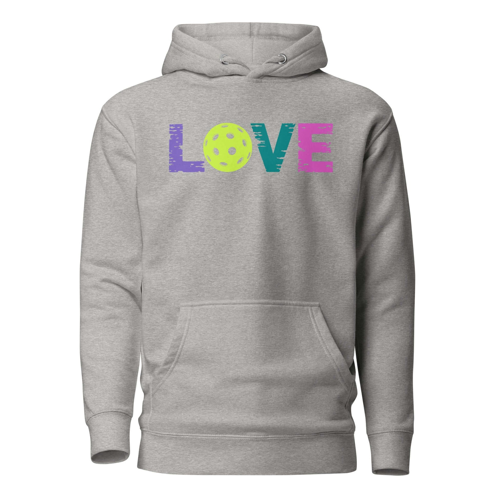 LOVE Pickleball Hoodie in gray featuring colorful text and a pickleball design, perfect for fans of the sport.