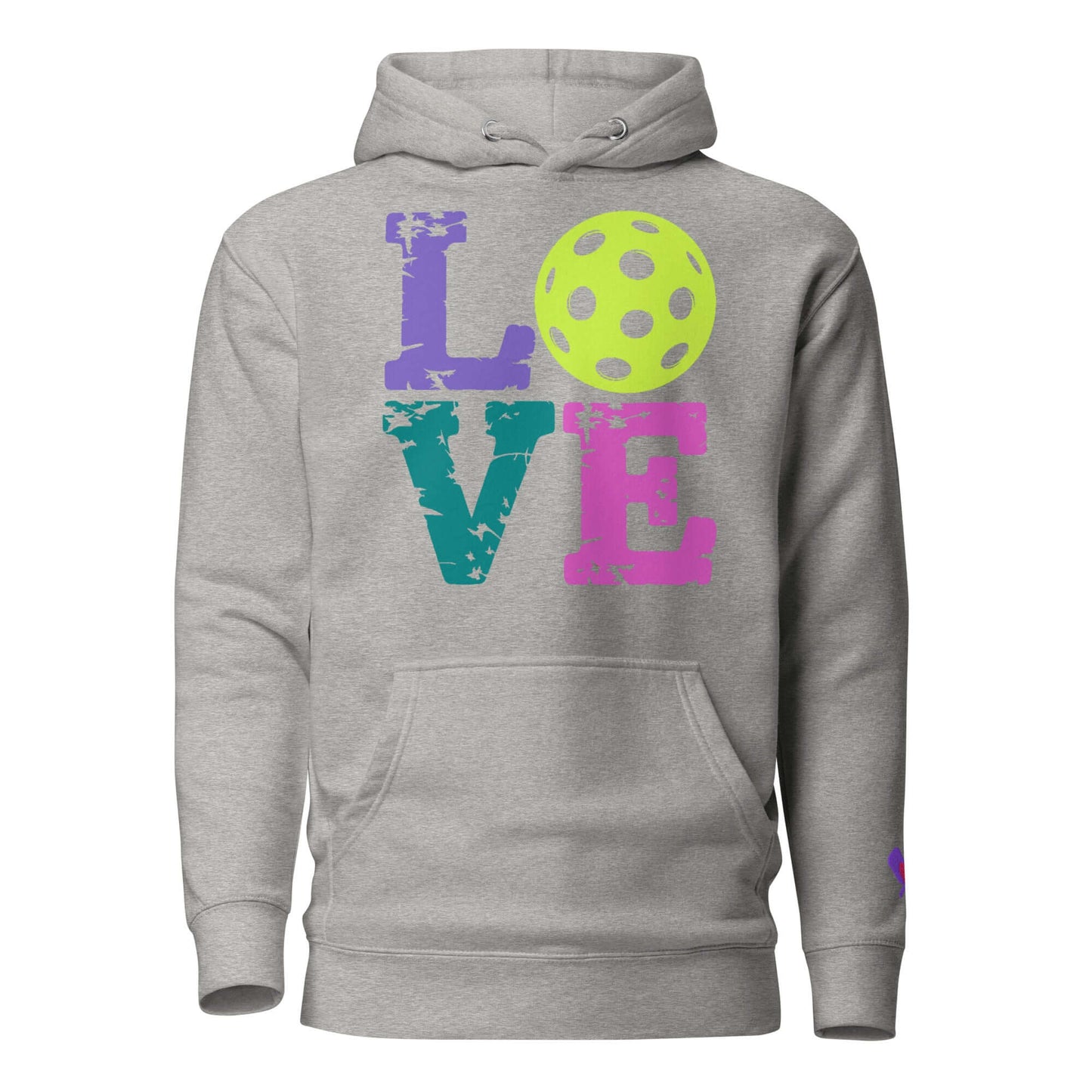 Women’s LOVE Pickleball Hoodie in gray featuring colorful LOVE text and a pickleball graphic.