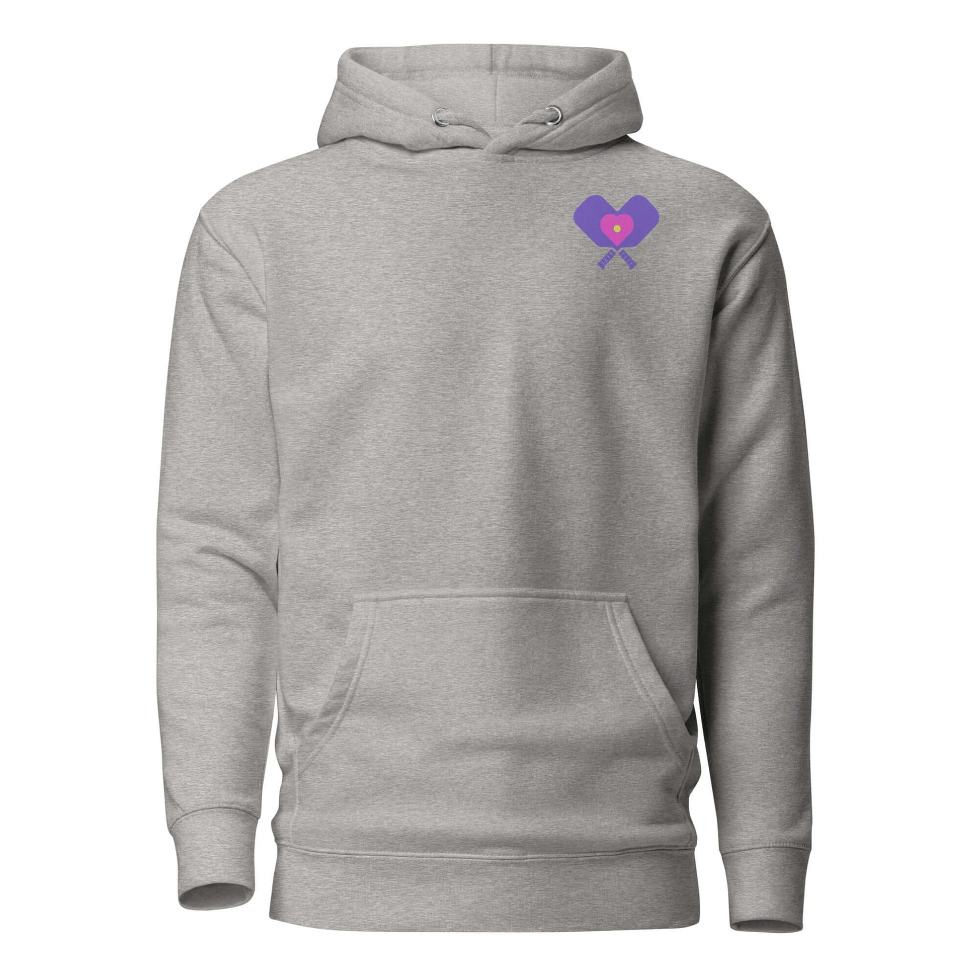 Women's LOVE Pickleball Hoodie in gray, featuring a heart and crossed paddles design for cozy court style.