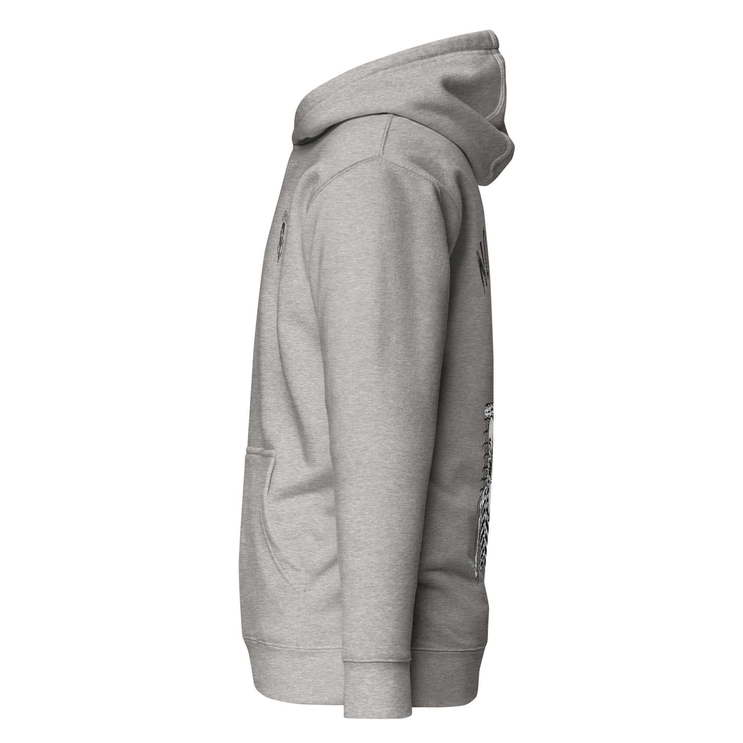 Side view of gray No Mercy Pickleball Ultimate Comfort Hoodie with pocket, showcasing cozy and soft fabric blend for style and warmth.