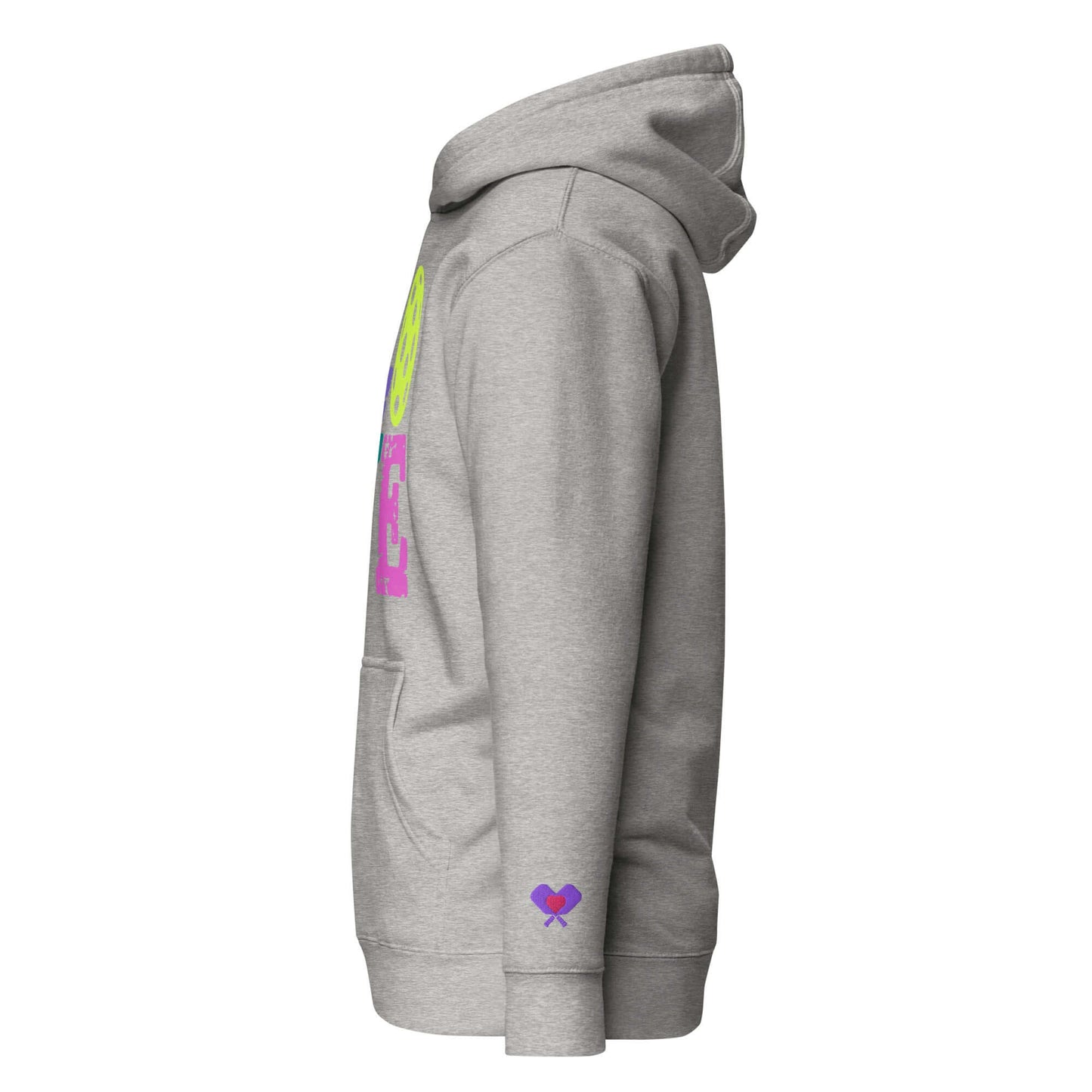 Women’s LOVE Pickleball Hoodie in gray, featuring colorful graphics and a comfortable fit for pickleball enthusiasts.