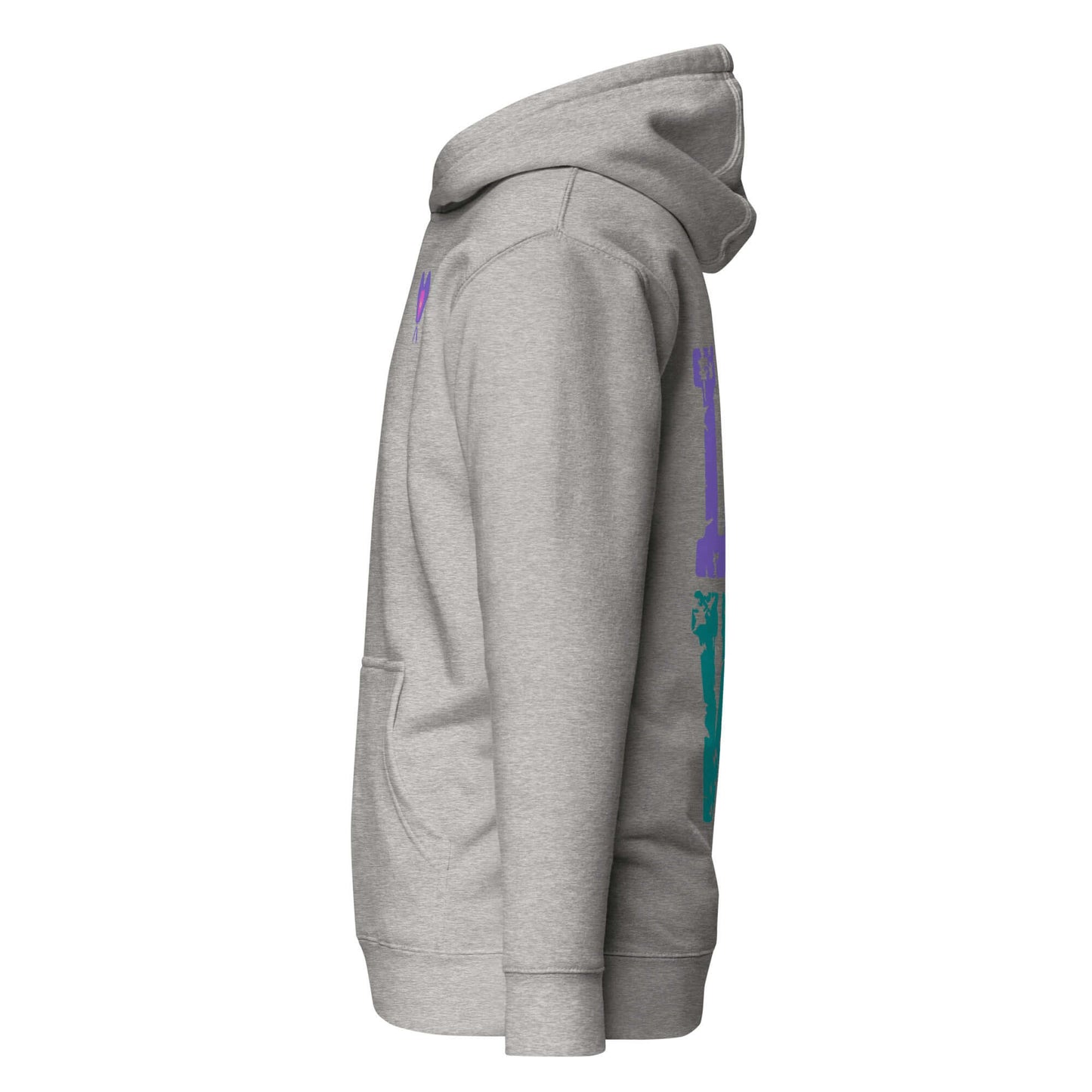 Side view of Women’s LOVE Pickleball Hoodie in gray, showcasing vibrant pickleball-themed design and cozy fit.