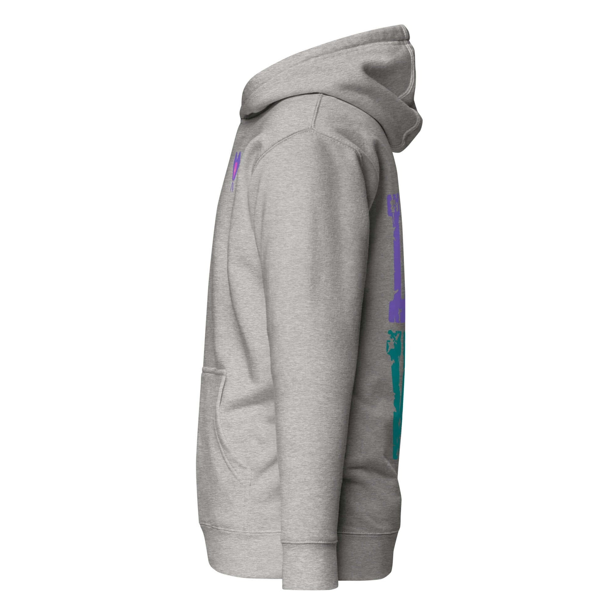 Side view of Women’s LOVE Pickleball Hoodie in gray, showcasing vibrant pickleball-themed design and cozy fit.