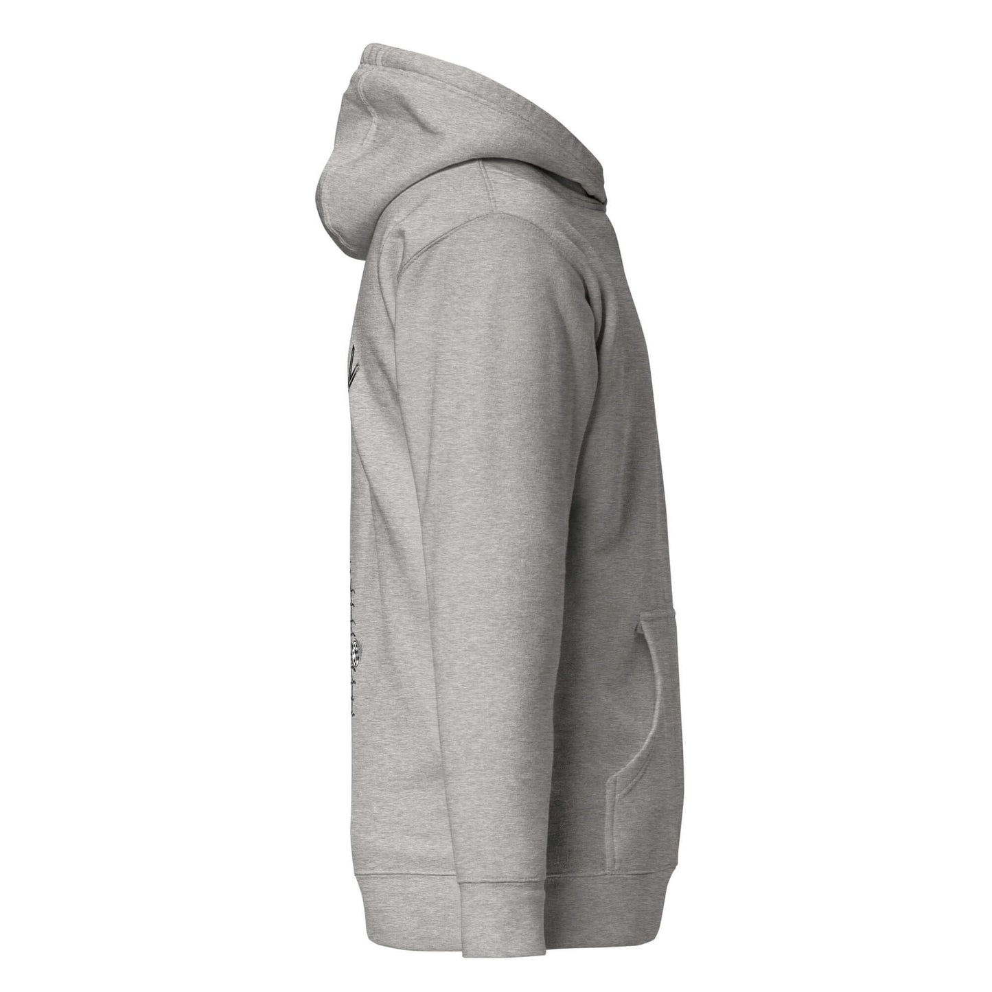 Gray No Mercy Pickleball hoodie in profile view, featuring a front pouch pocket for warmth and style.