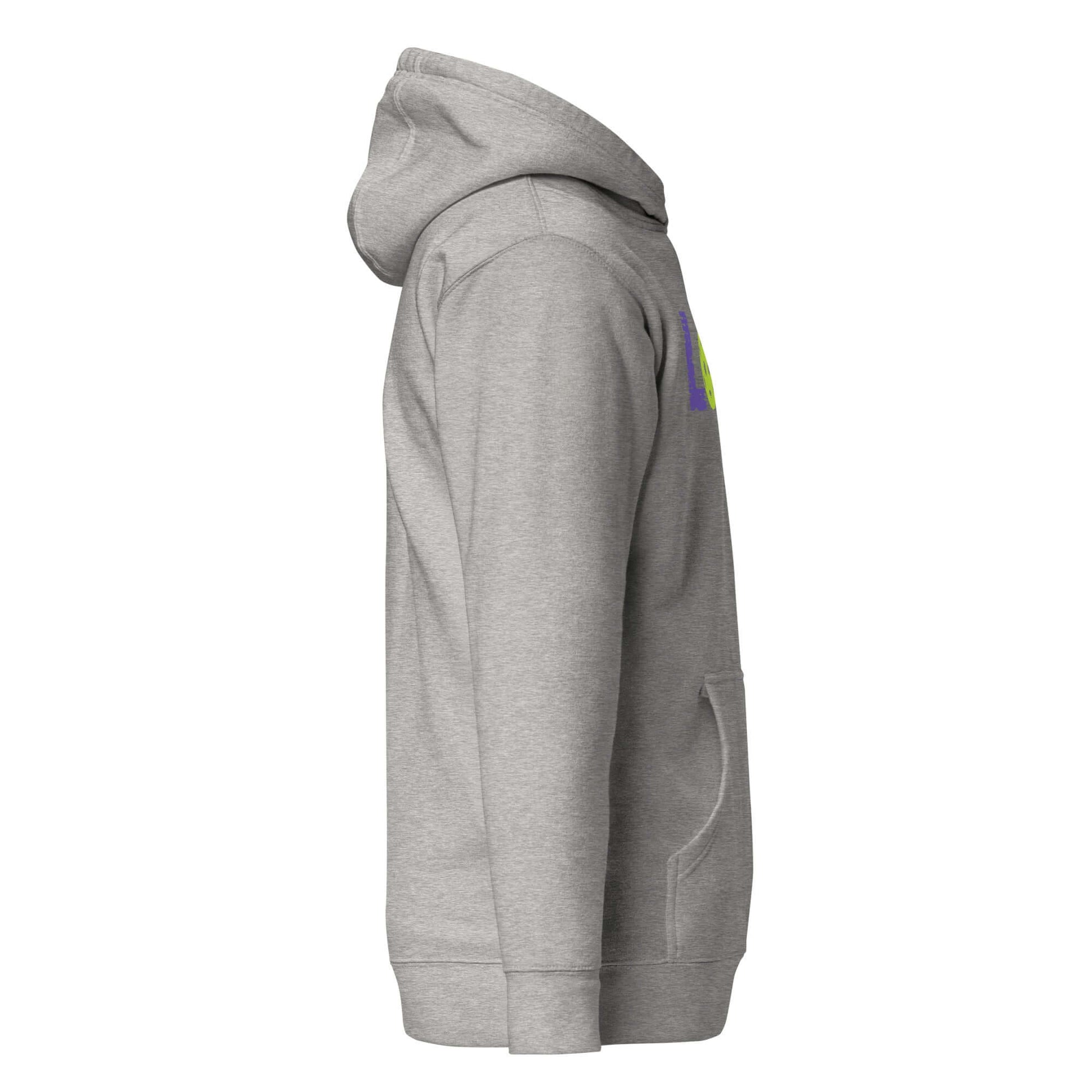 Side view of LOVE Pickleball Hoodie in gray, showcasing comfort and style for pickleball enthusiasts.