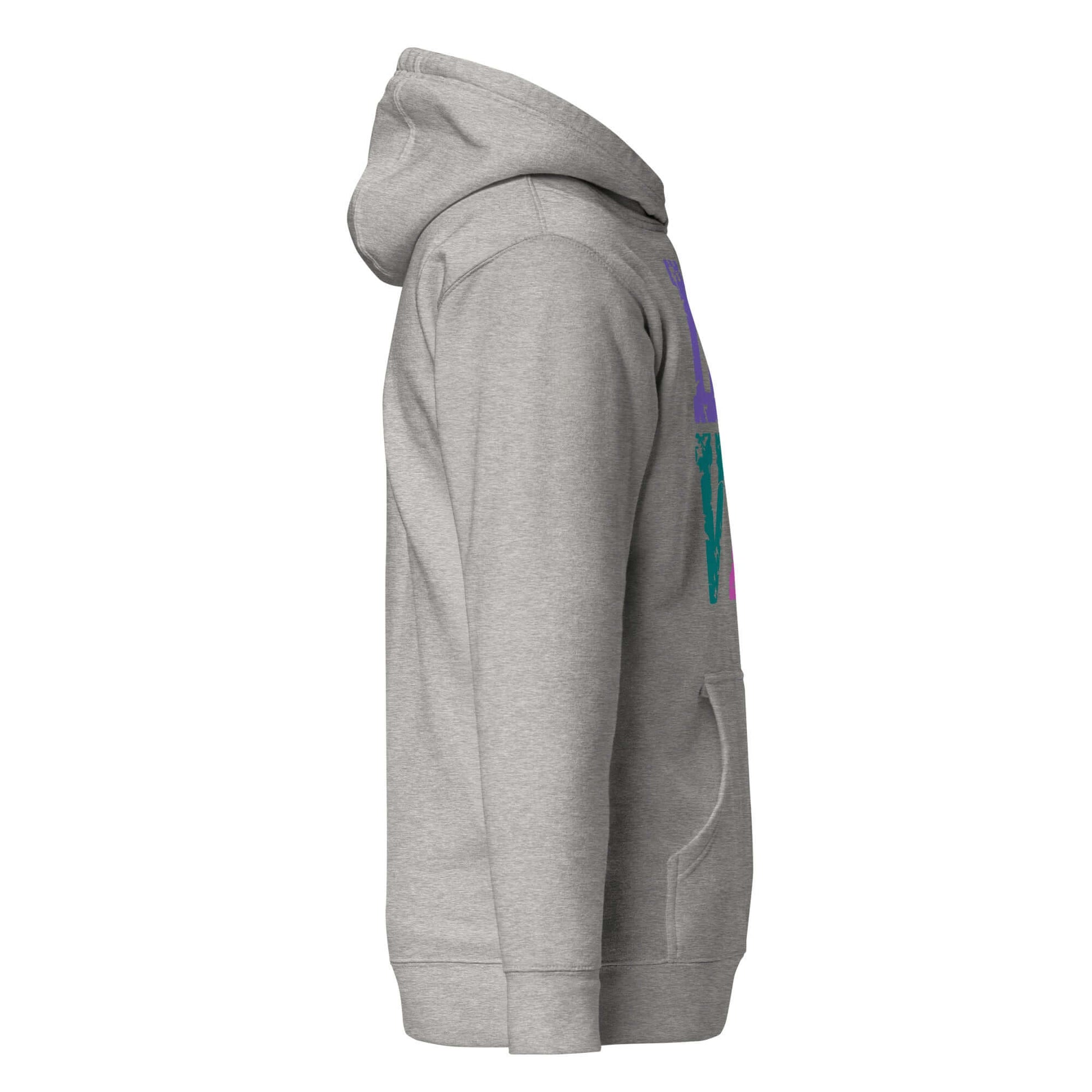 Side view of a women's gray hoodie with colorful LOVE pickleball design, perfect for comfort and style.