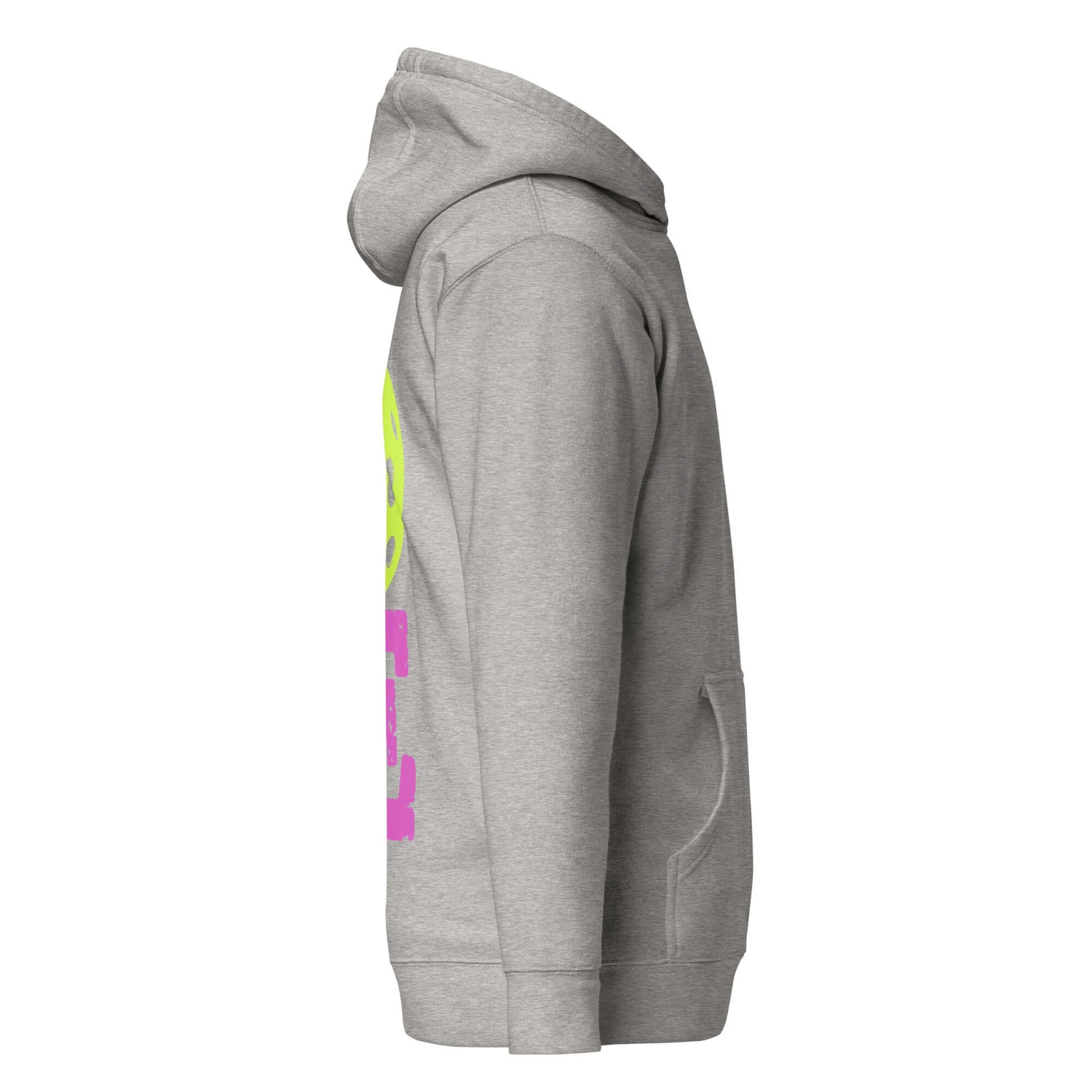 Side view of a women's gray LOVE Pickleball hoodie showcasing vibrant graphic design, perfect for comfort and style.