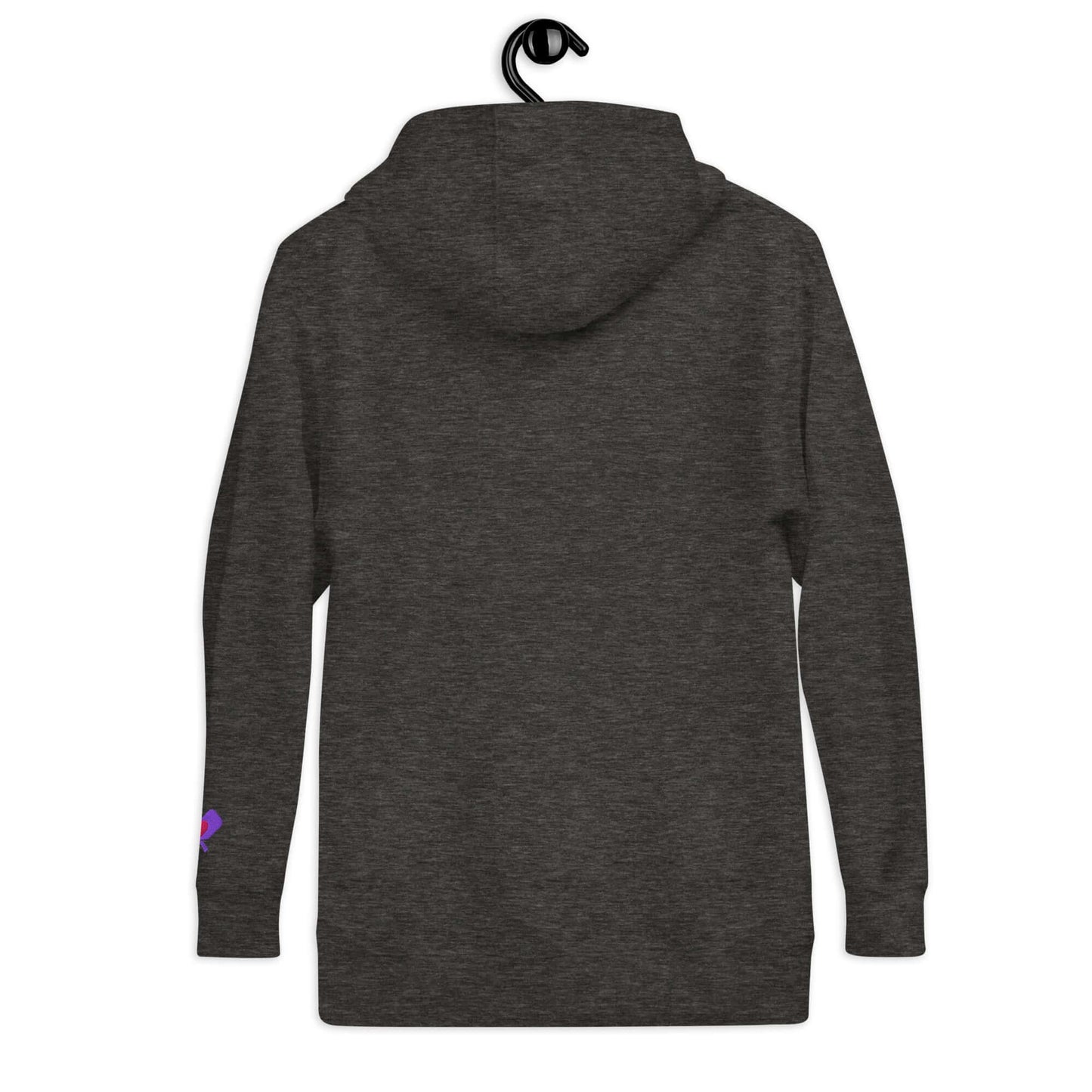 Back view of Women’s LOVE Pickleball Hoodie in dark gray, featuring a relaxed fit and practical design.