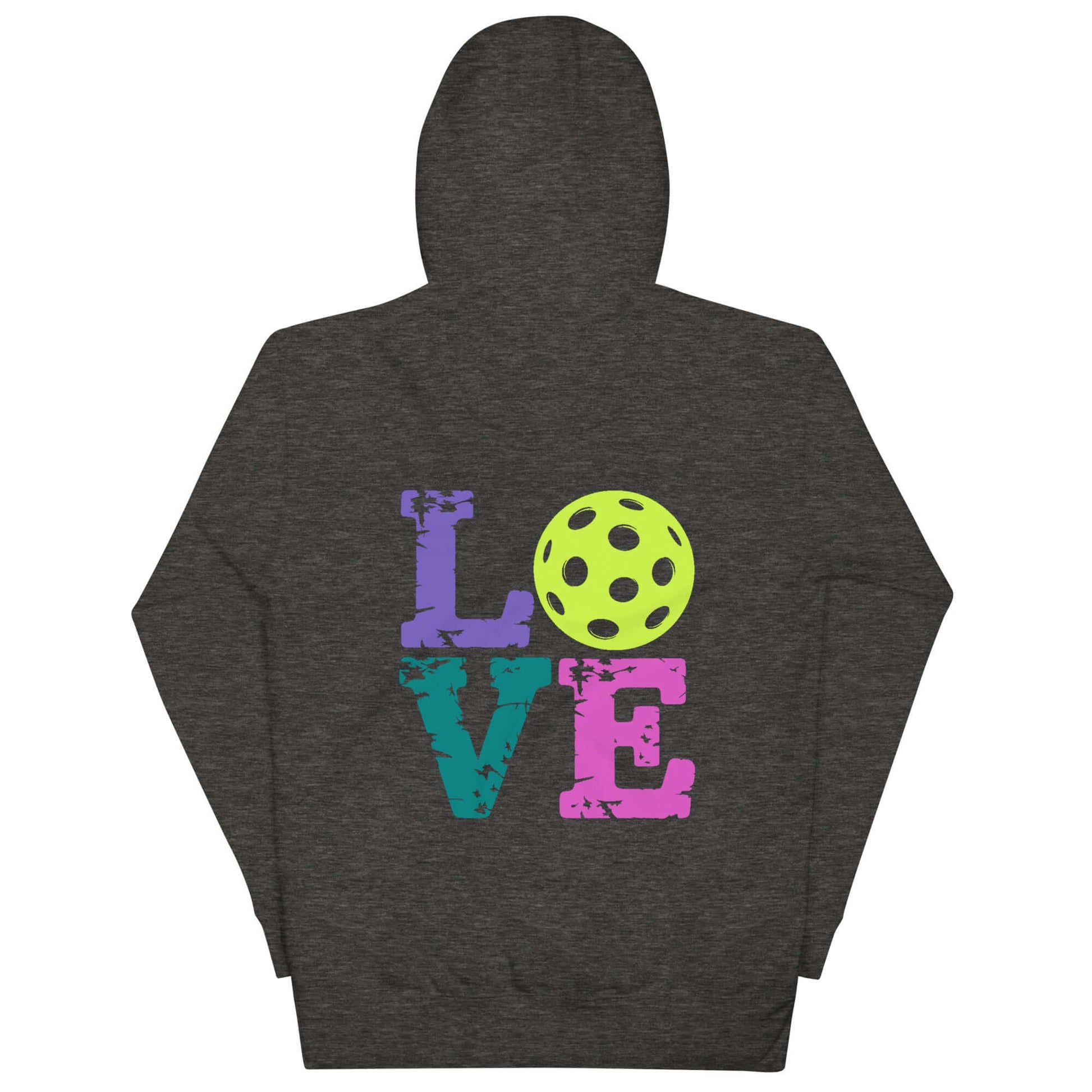 Back view of Women’s LOVE Pickleball Hoodie featuring colorful 'LOVE' text and a pickleball graphic.