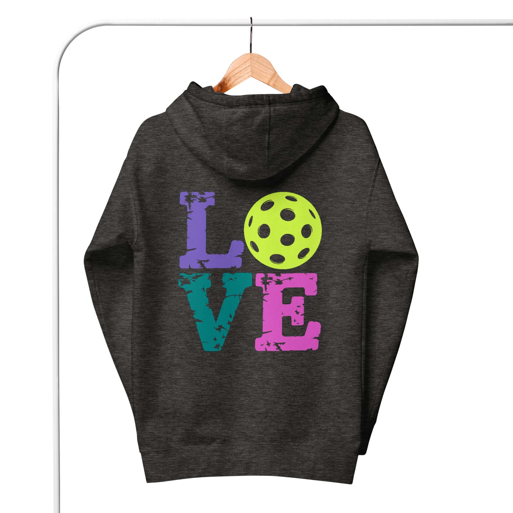 Back view of women’s LOVE Pickleball hoodie with colorful LOVE lettering and pickleball graphic.