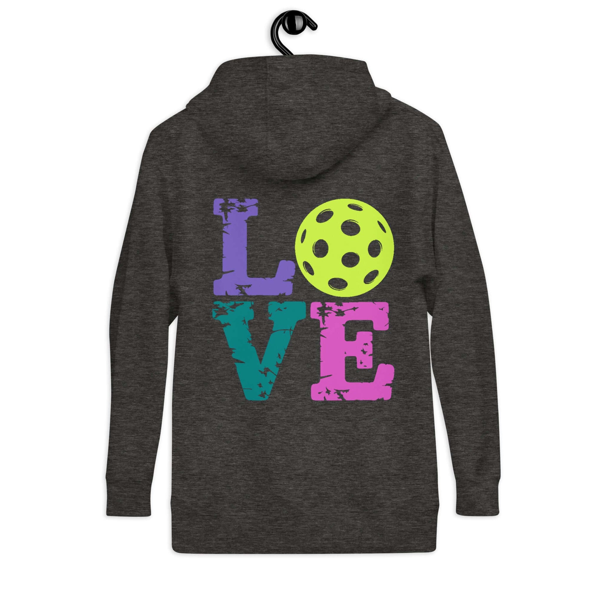 Back view of Women’s LOVE Pickleball Hoodie featuring colorful 'LOVE' design and pickleball graphic.