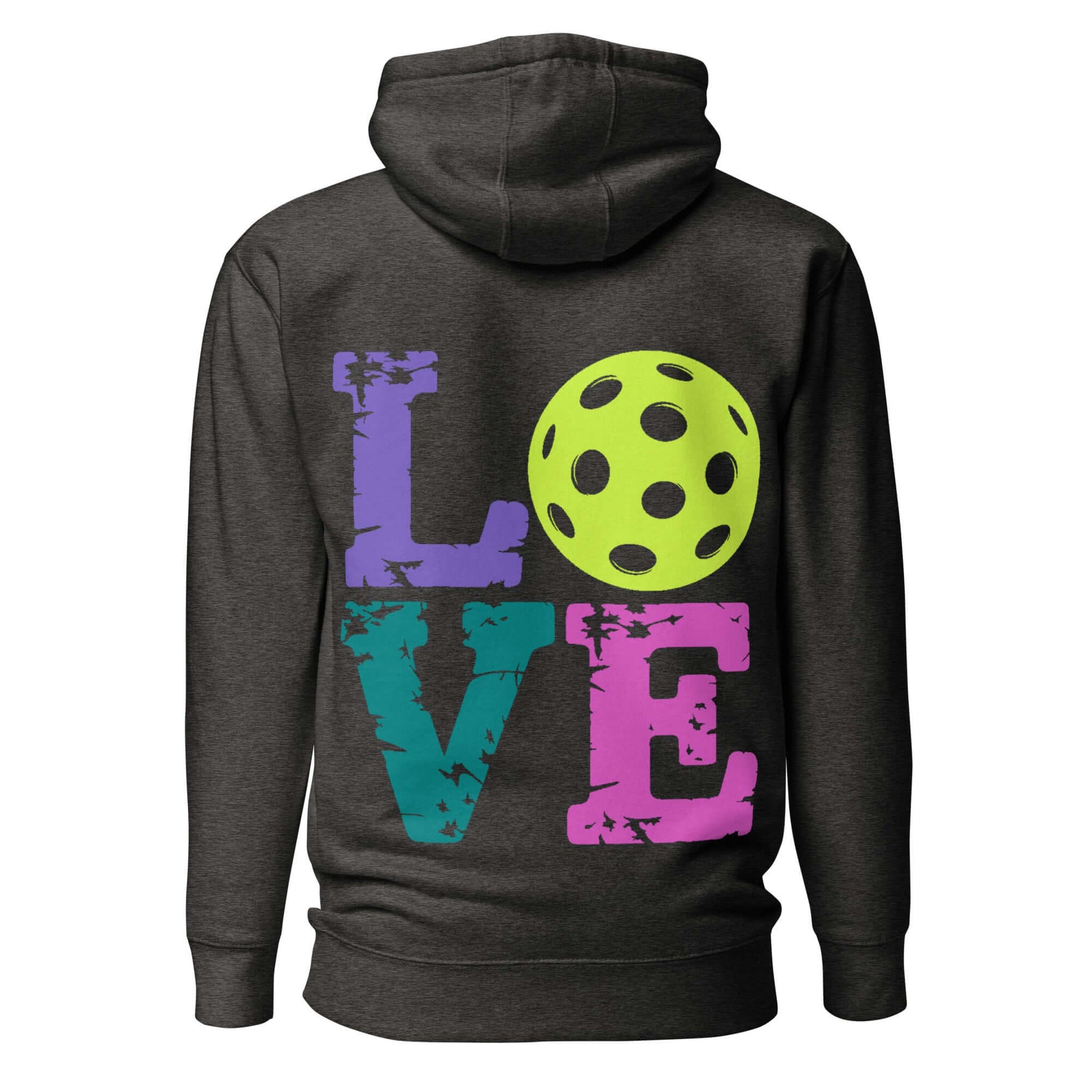 Back view of Women's LOVE Pickleball Hoodie featuring colorful 'LOVE' text and a pickleball design.